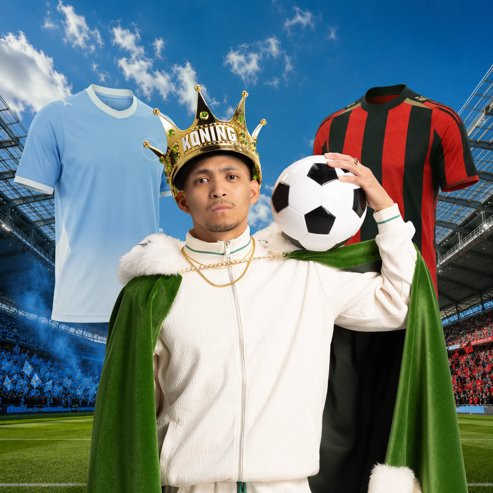 Man met kroon 'Koning' en voetbal tussen twee voetbalshirts op stadionachtergrond