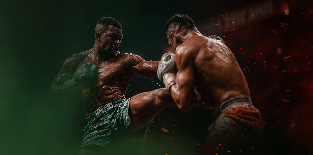 Twee vechtende kickboksers tegen een TOTO-groene achtergrond