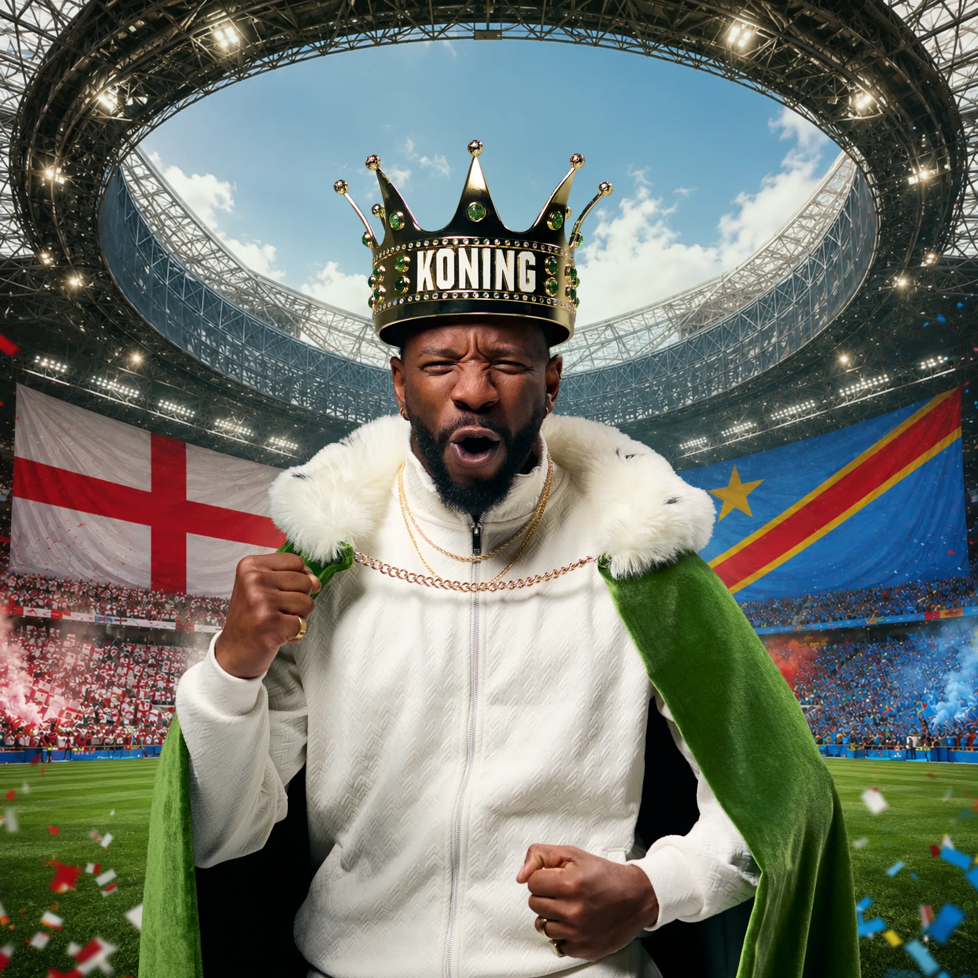 Man met kroon en koningsmantel juicht in stadion met vlaggen van Engeland en Congo