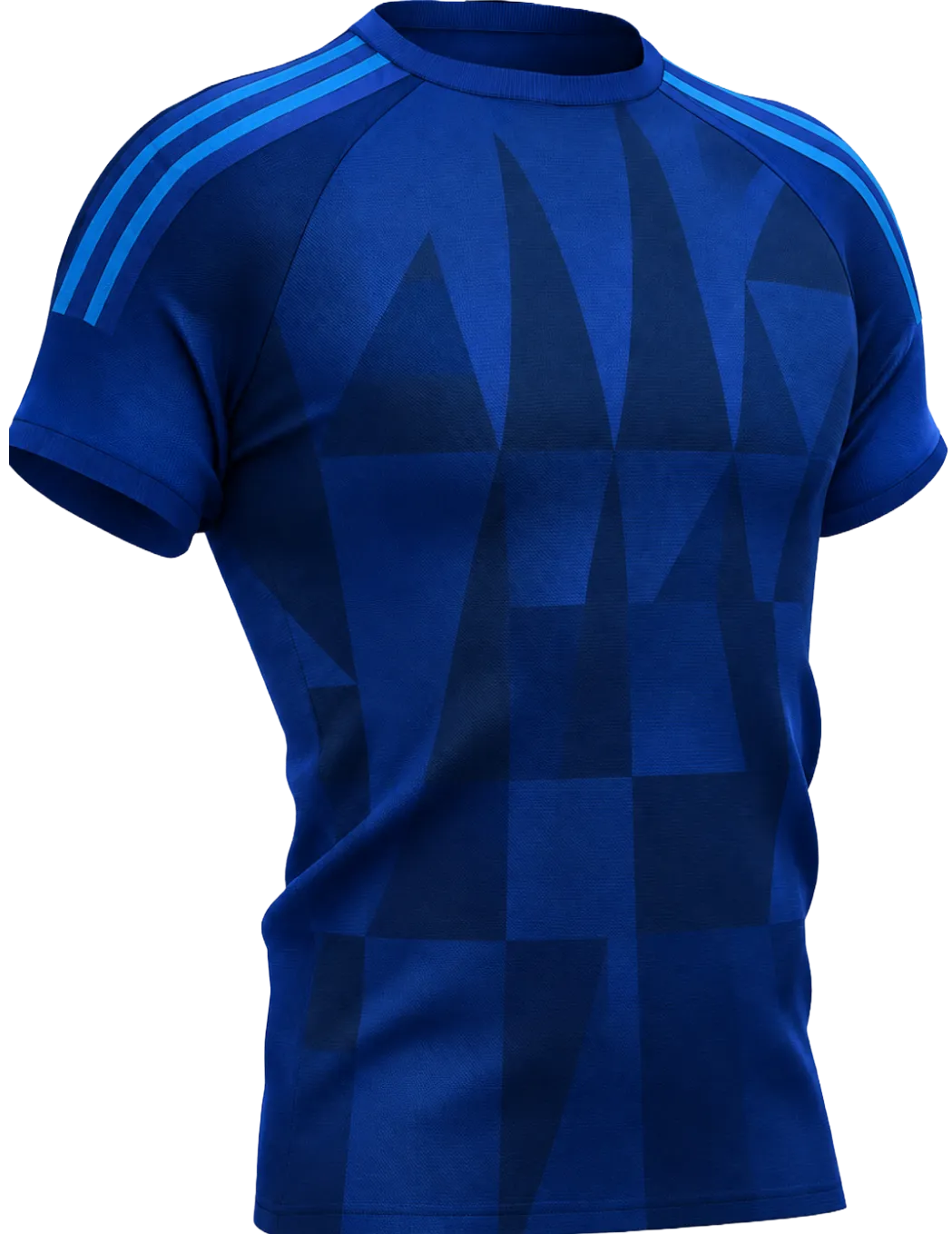 blauw sportshirt met geometrisch patroon en blauwe strepen op de mouwen