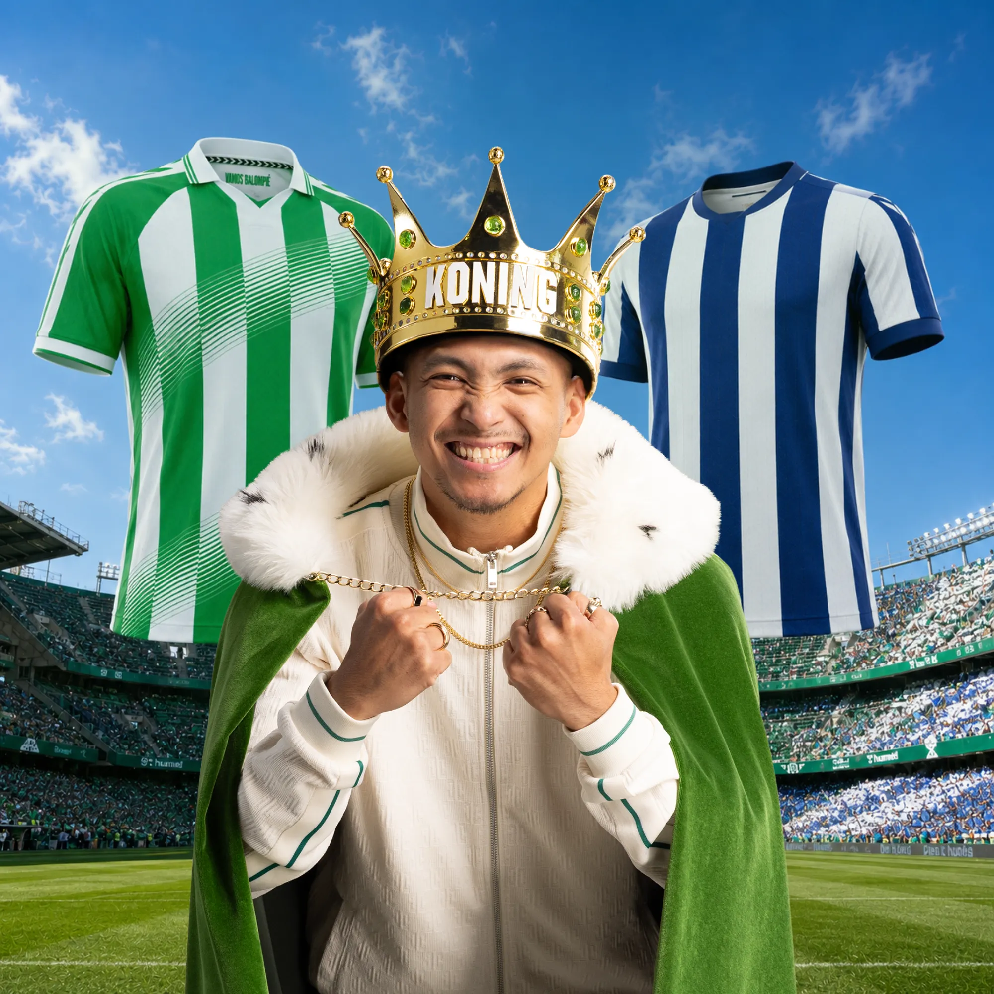 Man met een koningskroon en mantel tussen een groen-wit en blauw-wit voetbalshirt in een stadion
