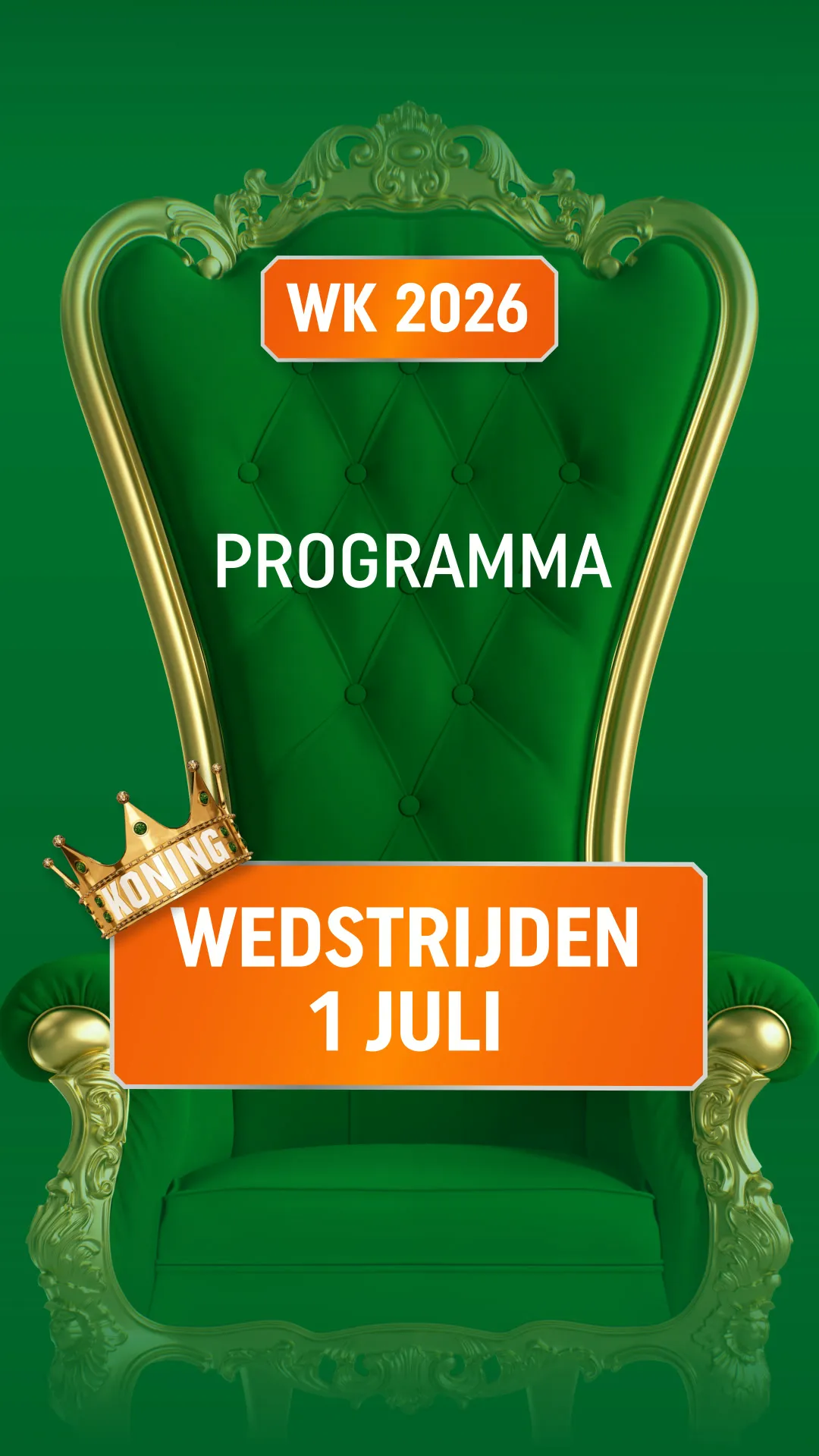 Groene koninklijke stoel met tekst over WK 2026 wedstrijden vanaf 1 juli