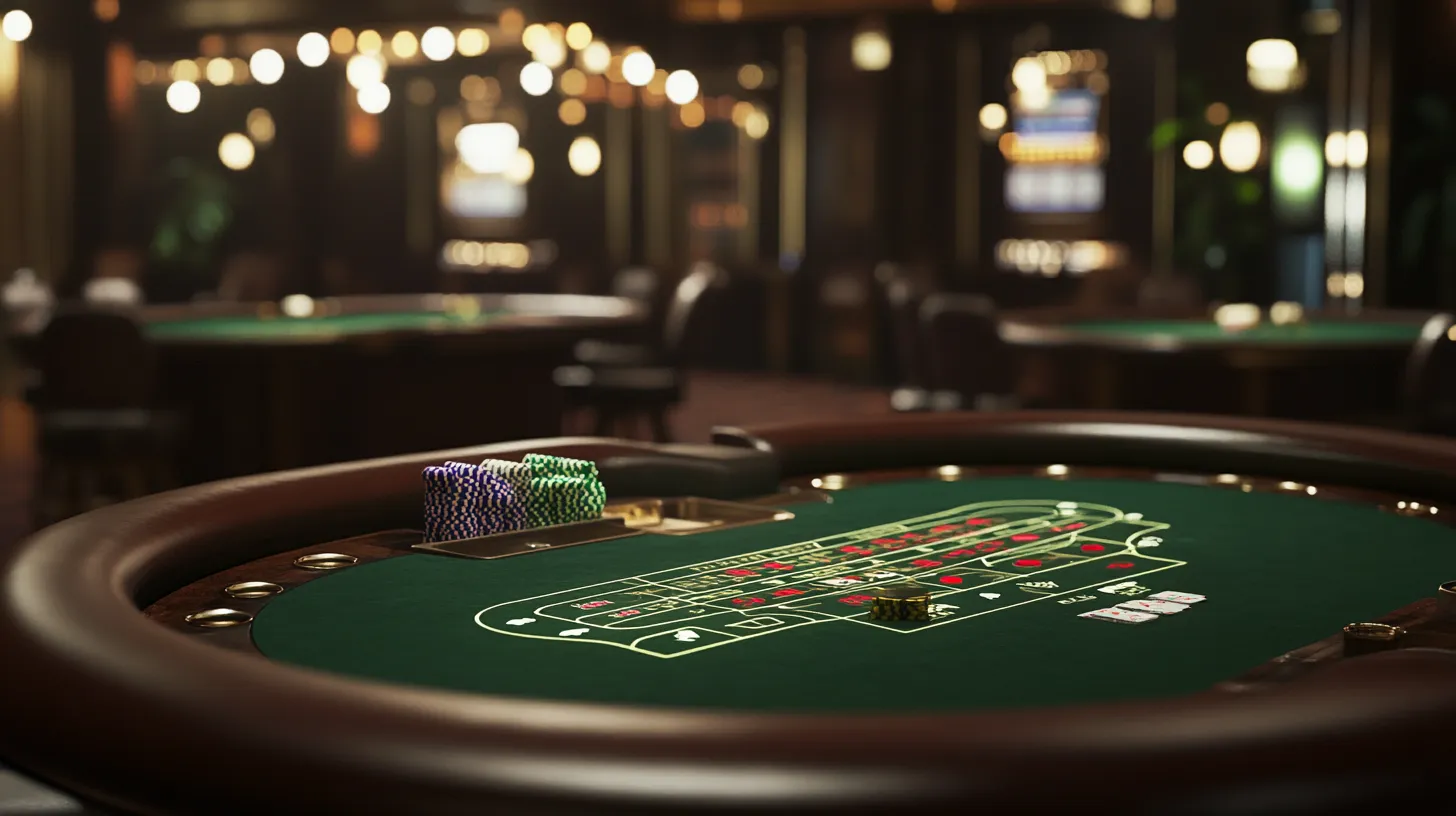 Een elegante pokertafel in een sfeervol casino met fiches en speelkaarten op de groene speeltafel.