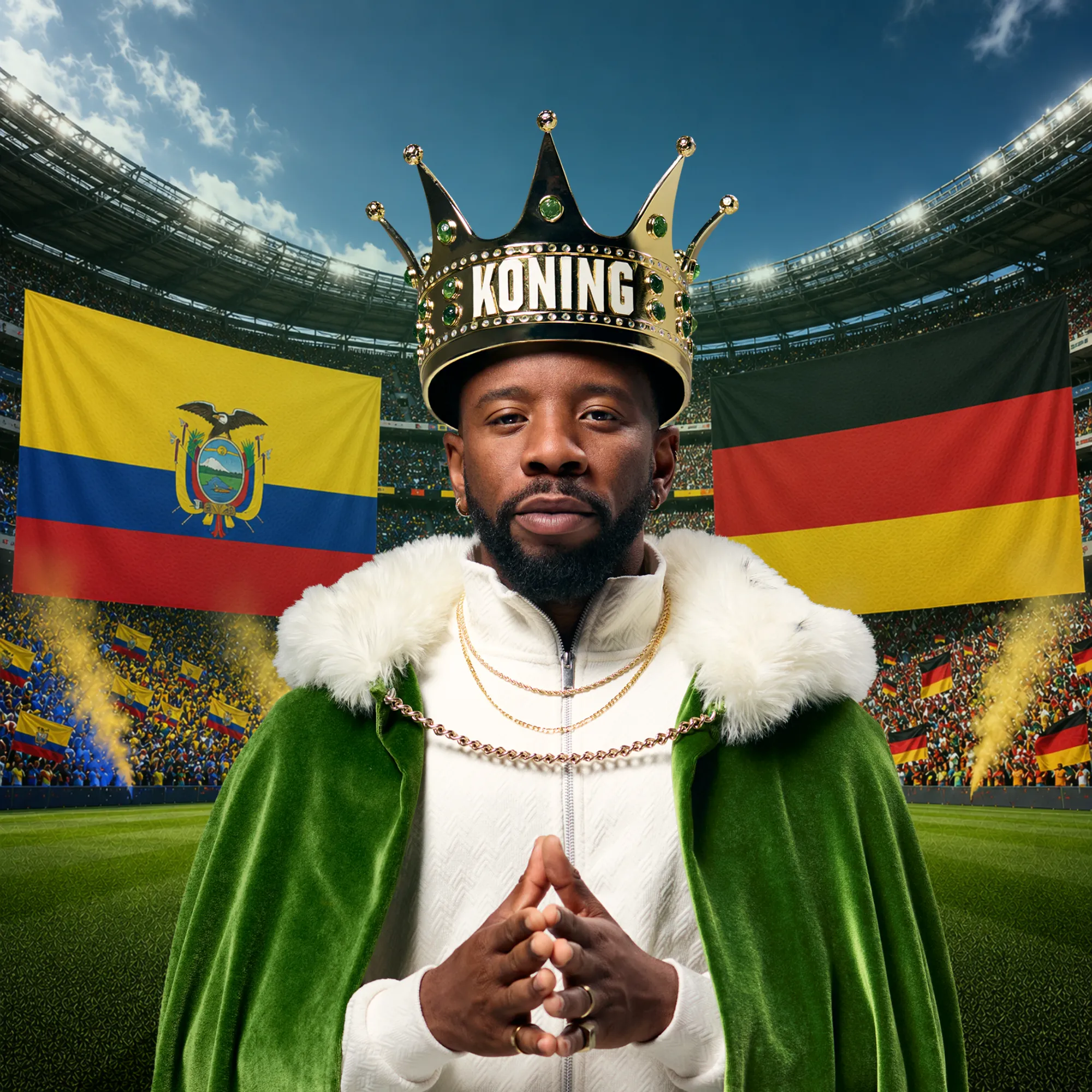 Persoon met koningskroon en groene mantel met Ecuadoriaanse en Duitse vlaggen in een stadion