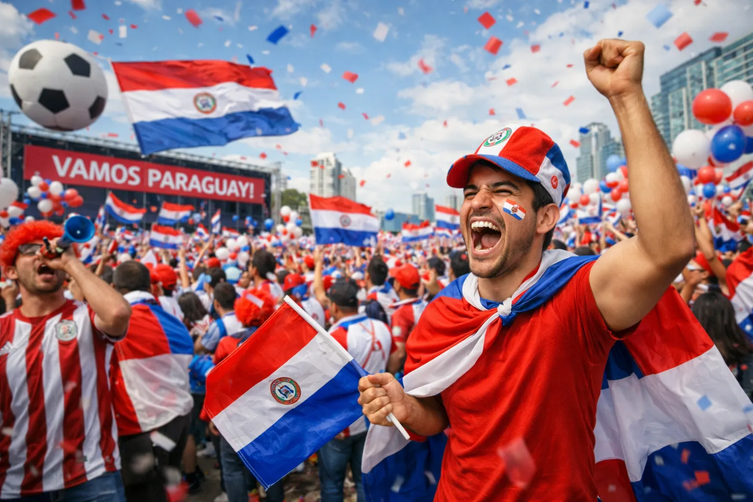 Voetbalfans met Paraguay vlaggen juichen tijdens een voetbalwedstrijd