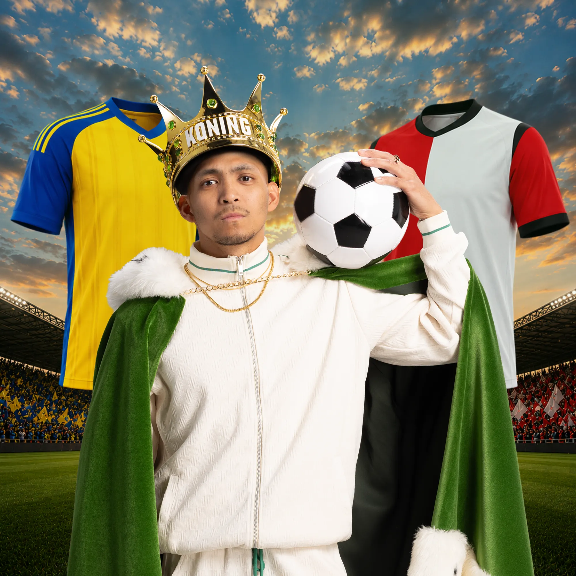 Man met kroon KONING en voetbal in stadion met voetbalshirts