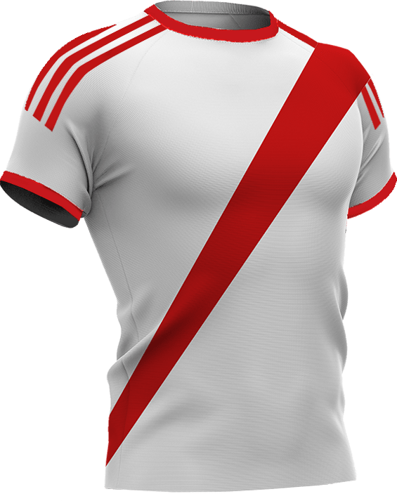 Wit voetbalshirt met diagonale rode baan en rode accenten op mouwen en schouders, geïnspireerd op River Plate