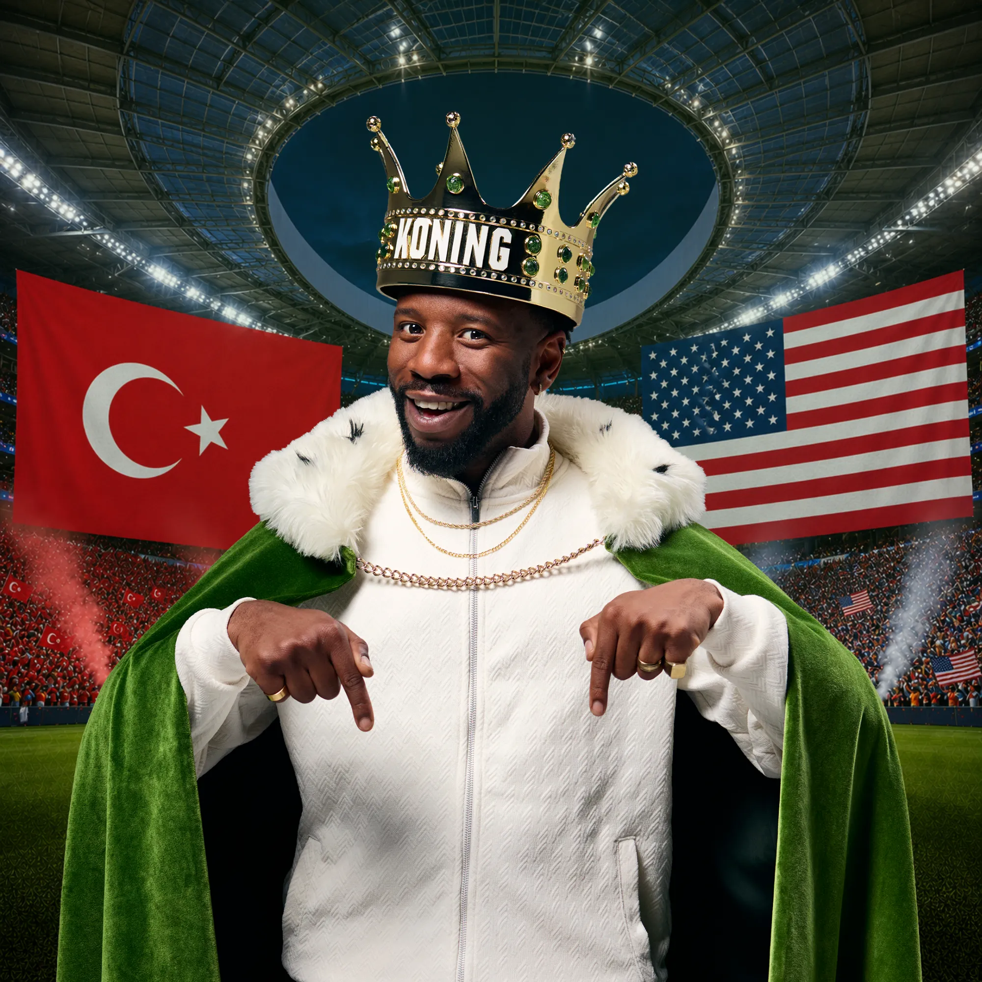 Man met kroon 'KONING' in stadion met Turkse en Amerikaanse vlaggen