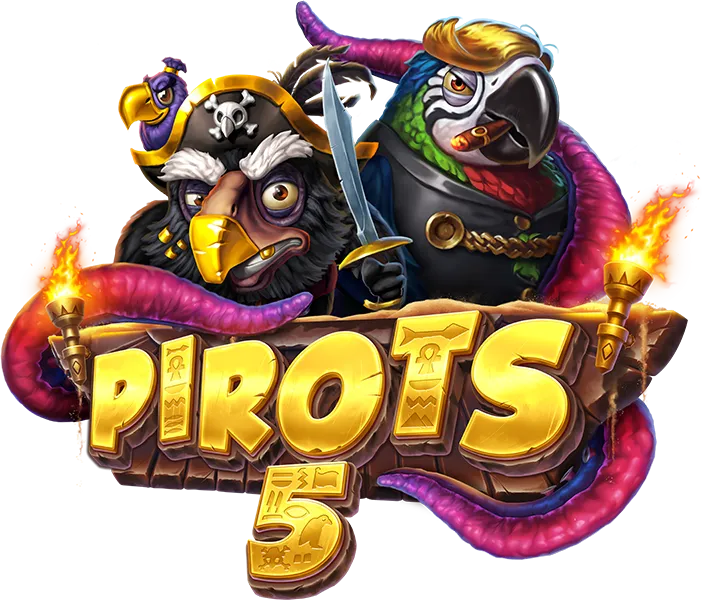Illustratie van twee piratenpapegaaien met een zwaard en kaarsen, met de tekst PIROTS 5