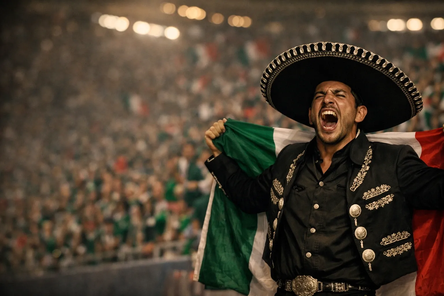 Man in traditionele Mexicaanse kleding met sombrero en Mexicaanse vlag in stadion tijdens WK voetbal