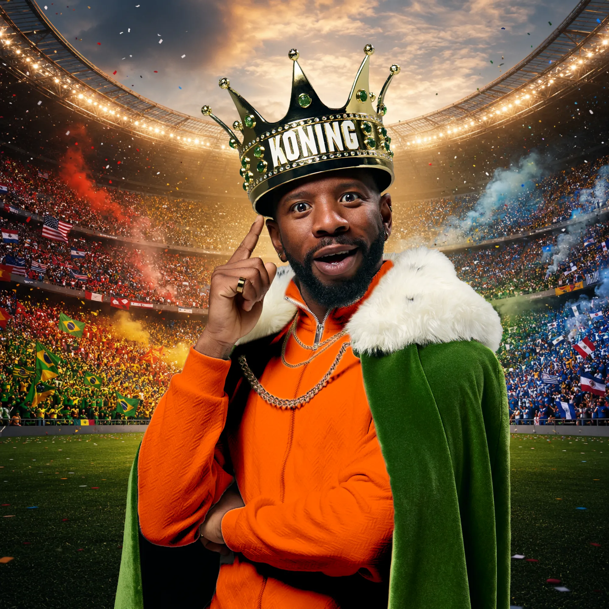 Persoon met kroon met tekst KONING en koningsmantel in een stadion vol vlaggen