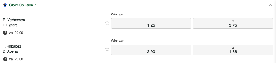 Wedopties voor Glory-Collision 7, inclusief odds voor twee gevechten: R. Verhoeven tegen L. Rigters