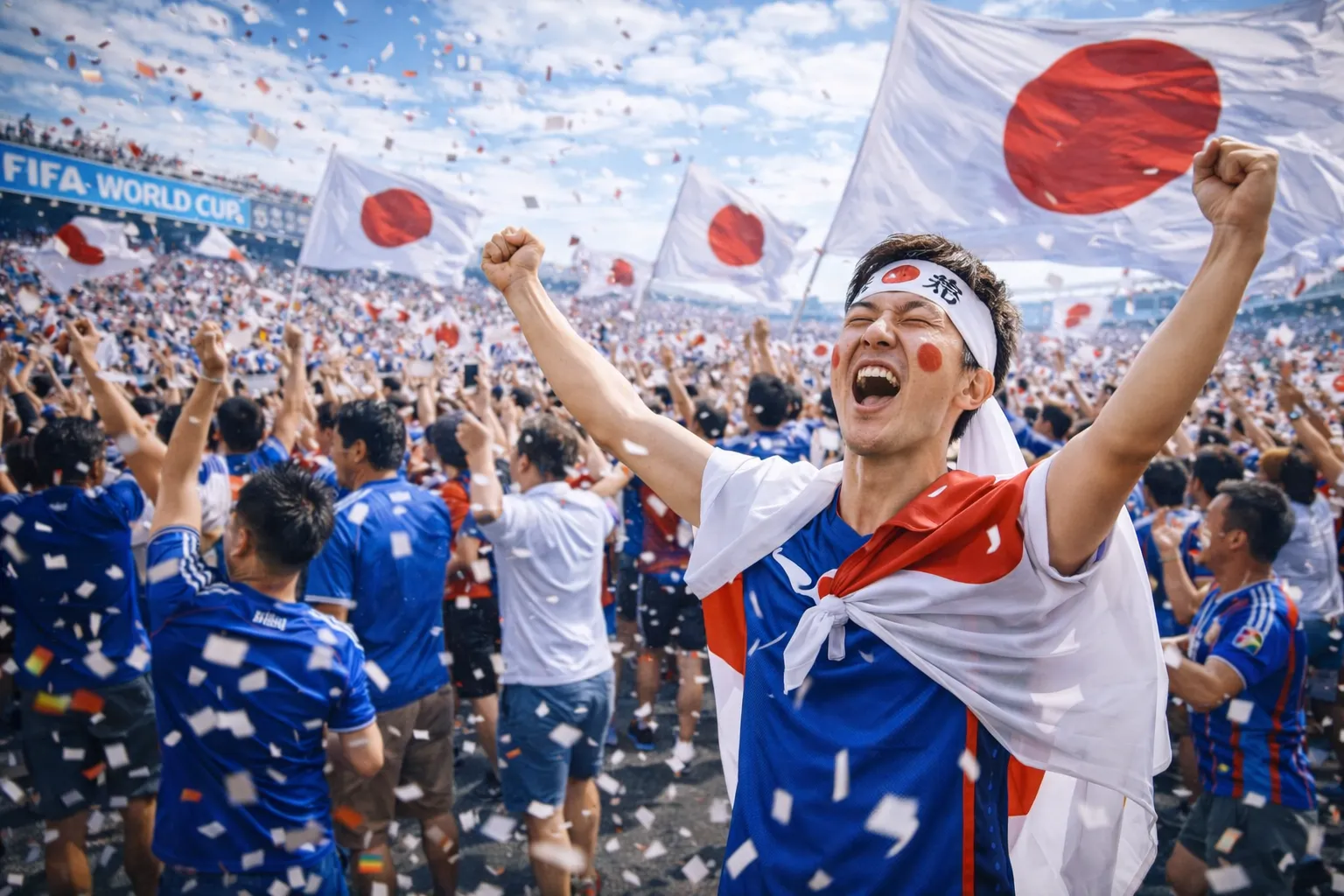 Japanse fans juichen met vlaggen tijdens FIFA World Cup