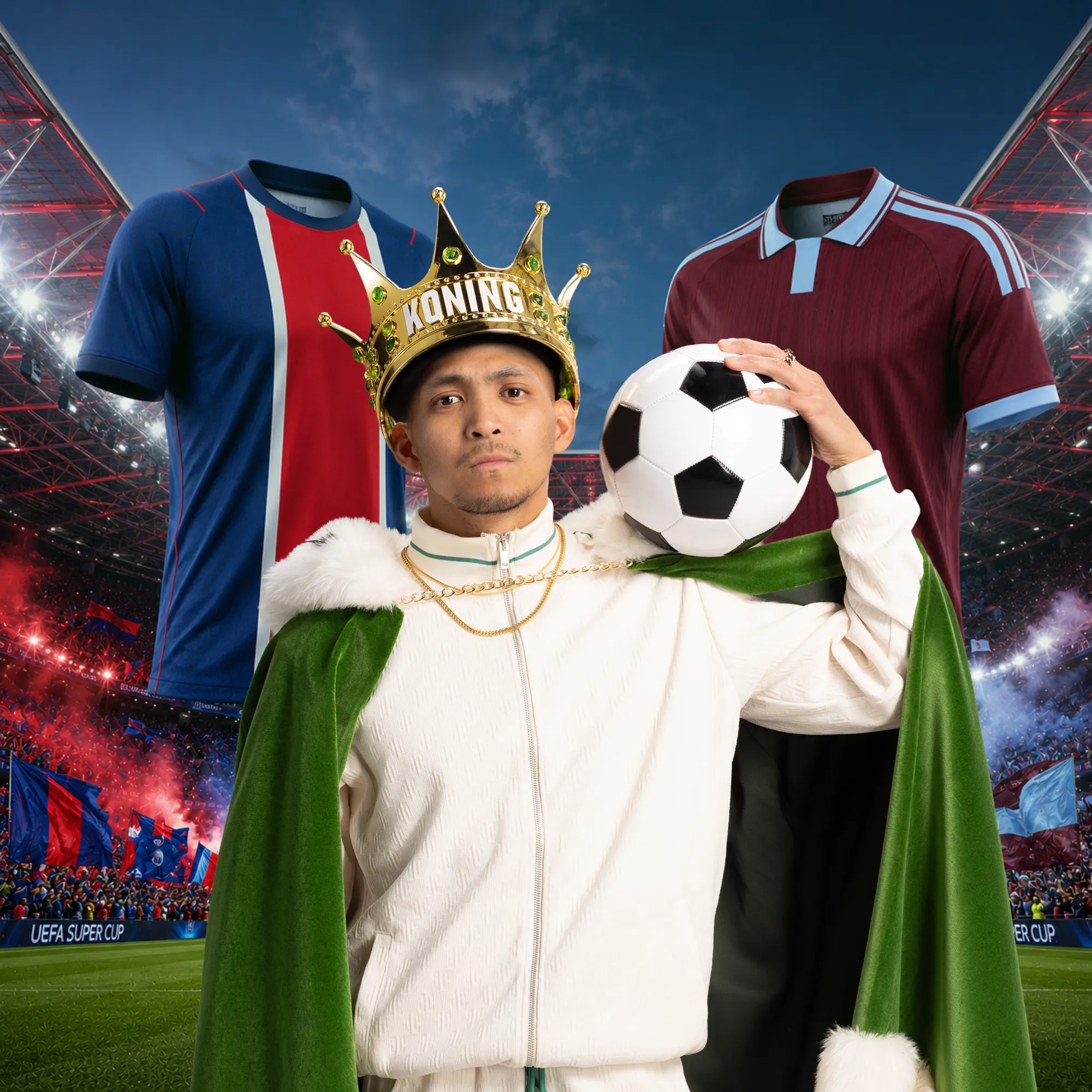 Man met kroon en voetbal in stadion tussen voetbalshirts