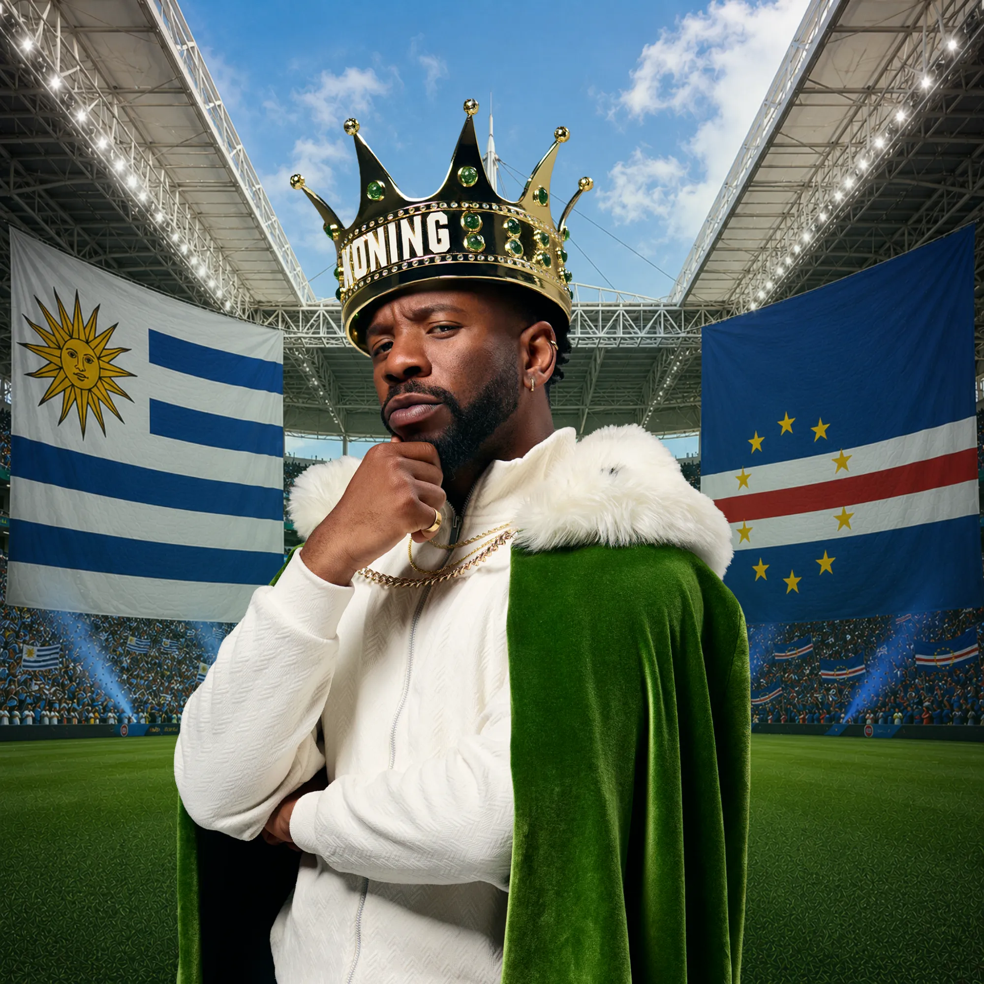 Man met kroon en groene mantel in stadion met Uruguay en Kaapverdië vlaggen