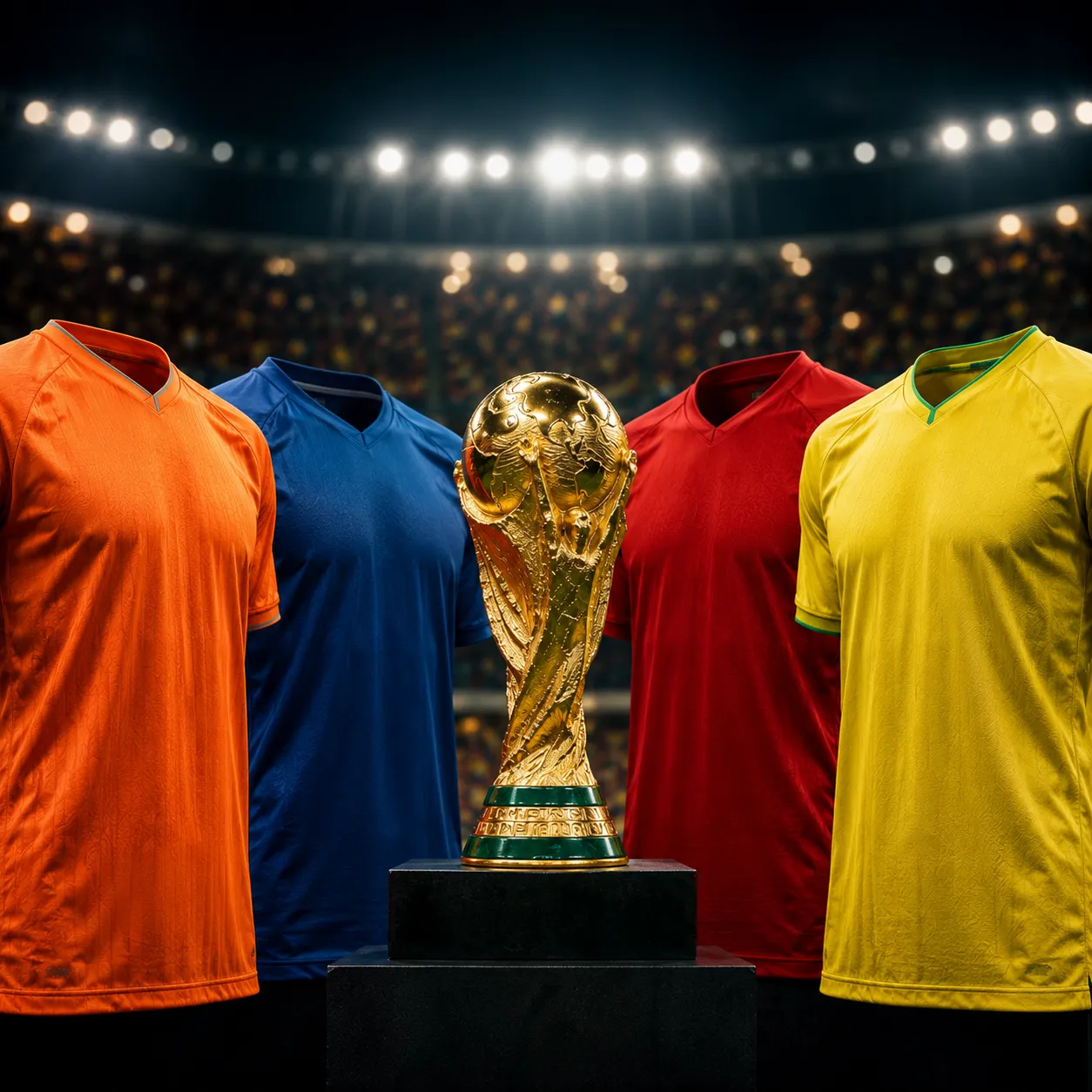 Voetbalshirts in oranje, blauw, rood en geel rondom een gouden trofee in een stadion