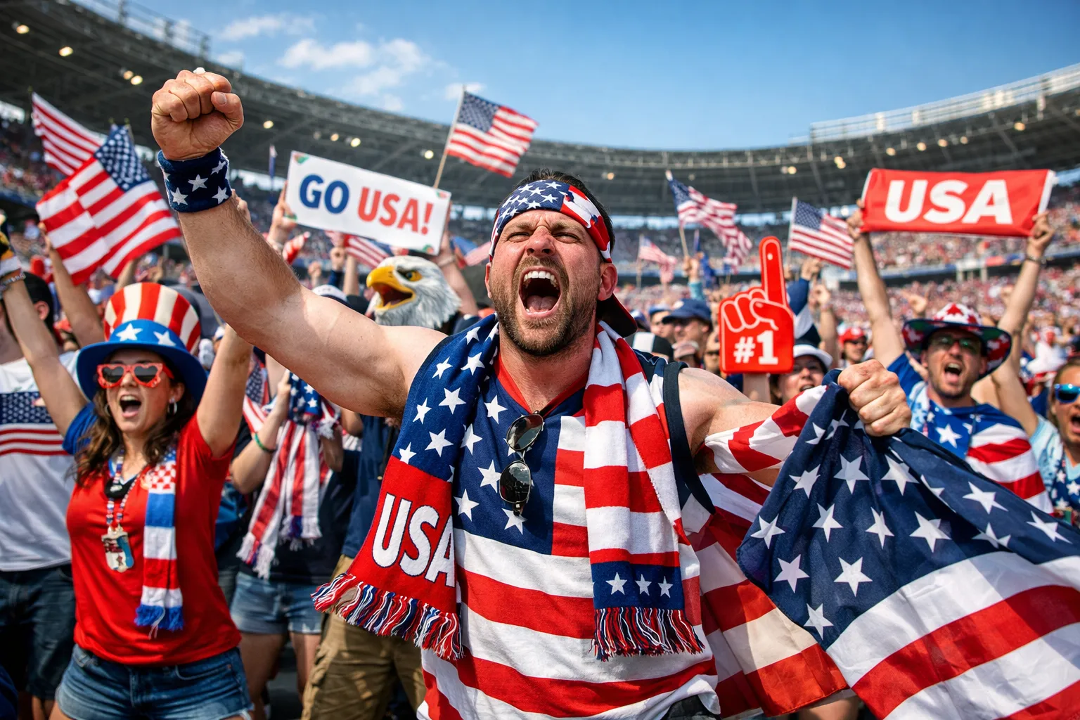 Vrolijke Amerikaanse fans in een stadion met vlaggen en spandoeken