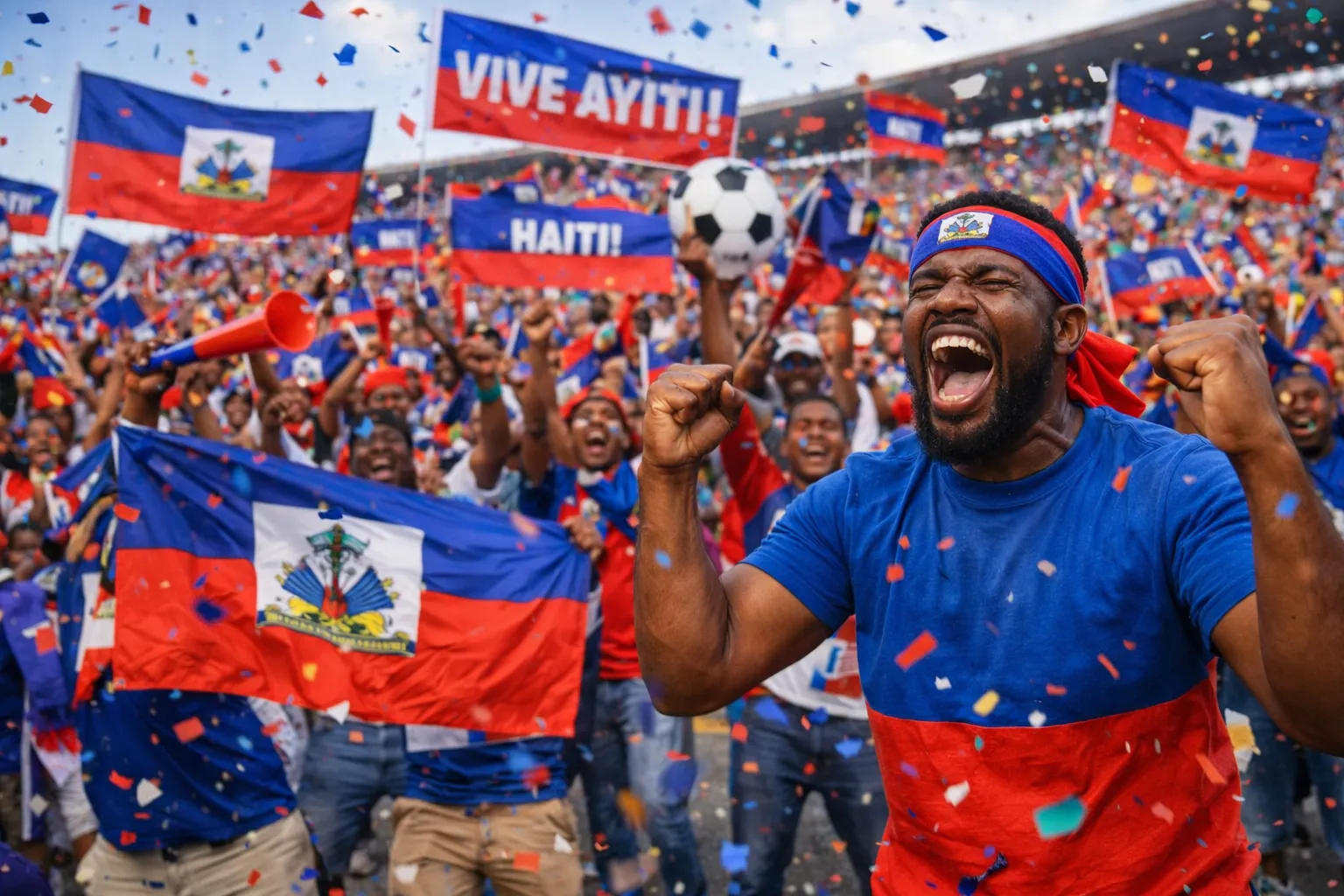 Vrolijke voetbalfans met vlaggen en confetti ter ondersteuning van Haïti