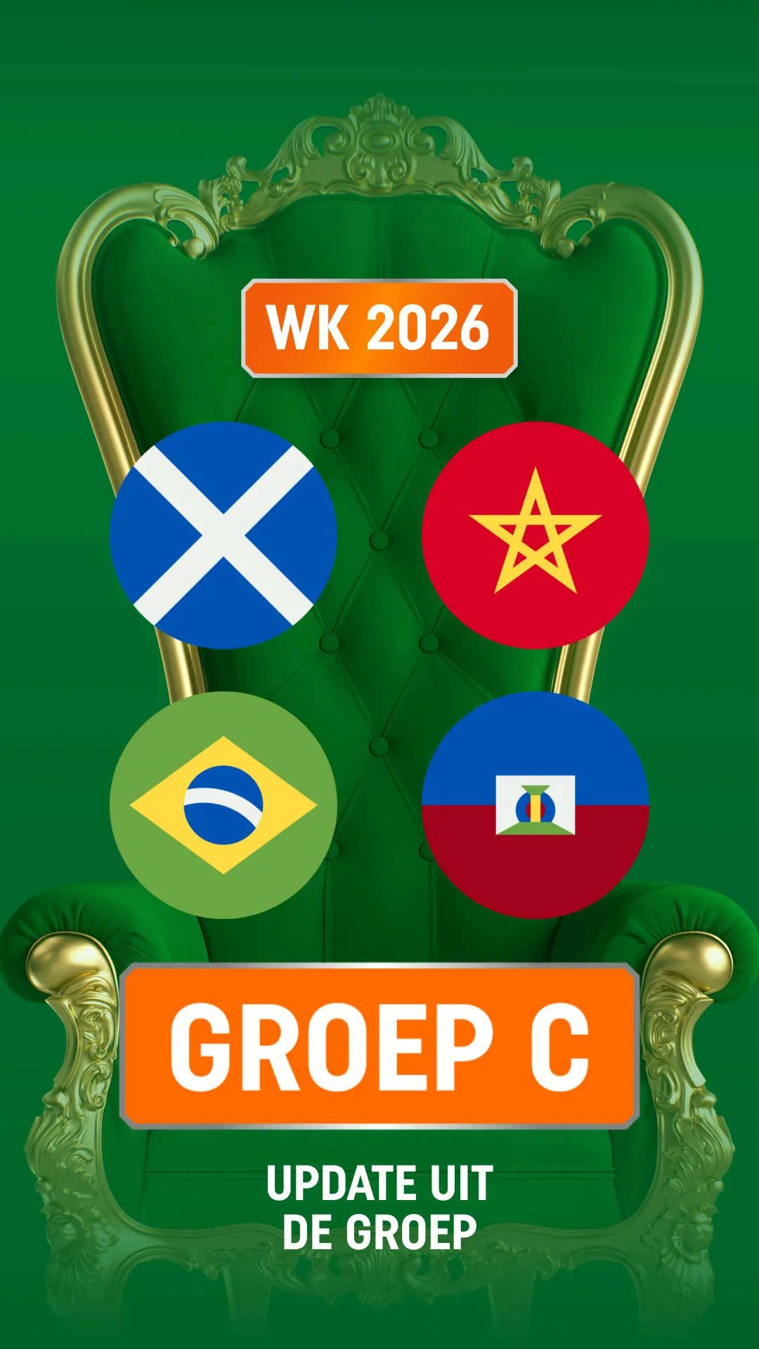 WK 2026 Groep C met vlaggen van Schotland, Marokko, Brazilië en Servië