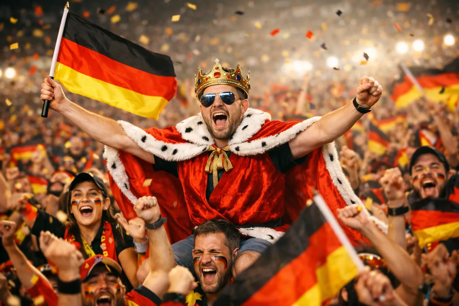 Vrolijke Duitse voetbalsupporters met vlaggen en een fan verkleed als koning