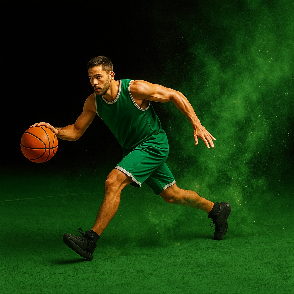 Een basketballer in een groen tenue dribbelt een bal op een groen speelveld.
