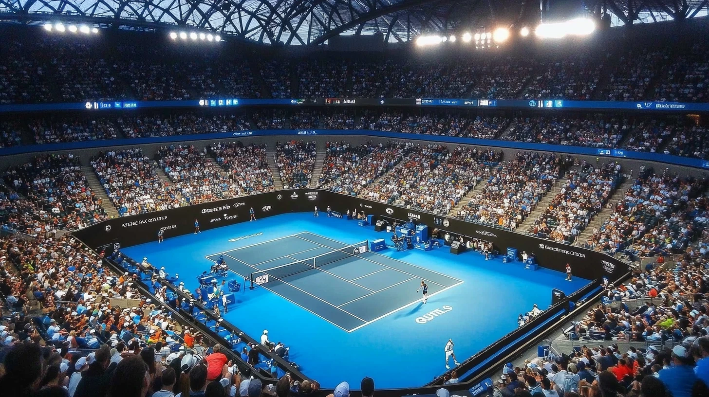 Blauwe hardcourt van de Australian Open onder stadionlichten.