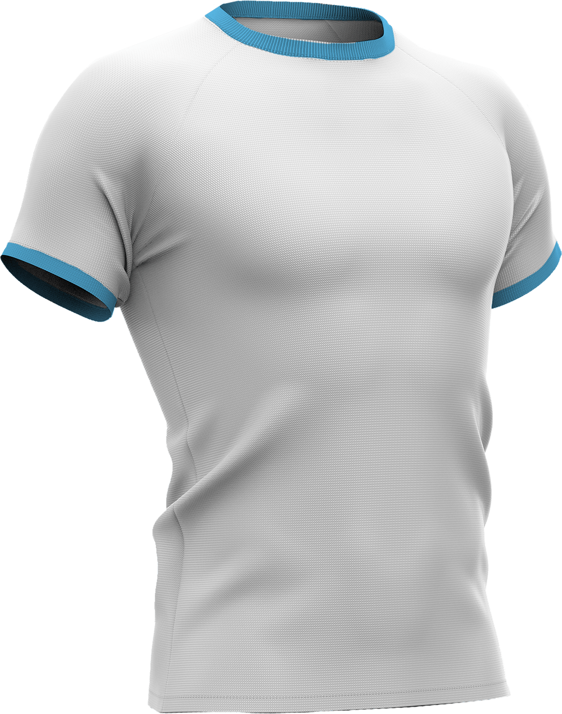 Wit voetbalshirt met lichtblauwe accenten op kraag en mouwen, in de stijl van Olympique Marseille
