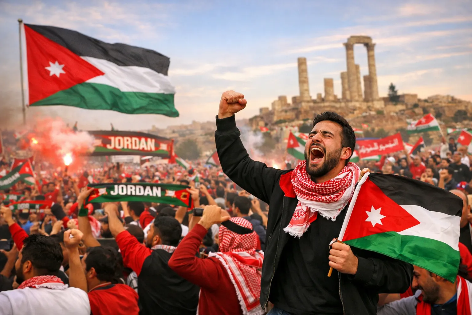 Menigte juicht met Jordaanse vlaggen en sjaals