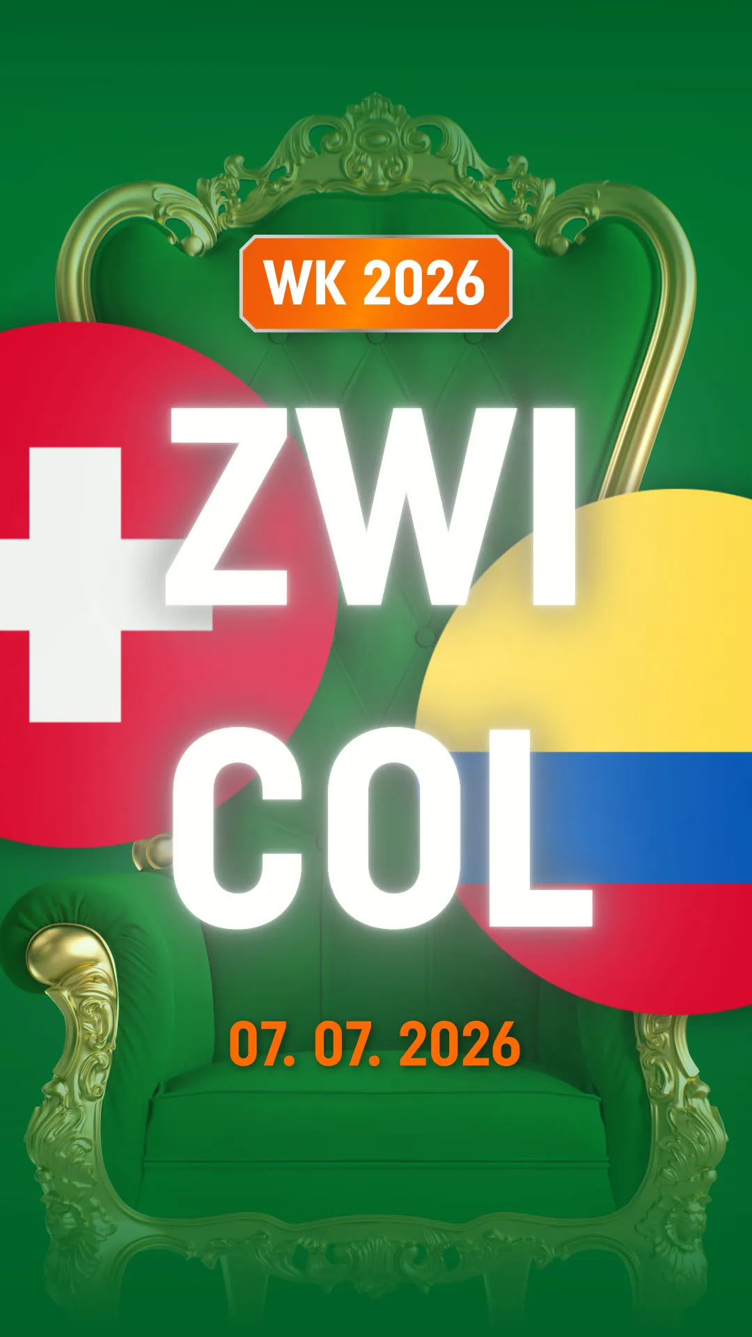WK 2026 wedstrijd Zwitserland tegen Colombia op 07.07.2026 met vlaggen en groene troon