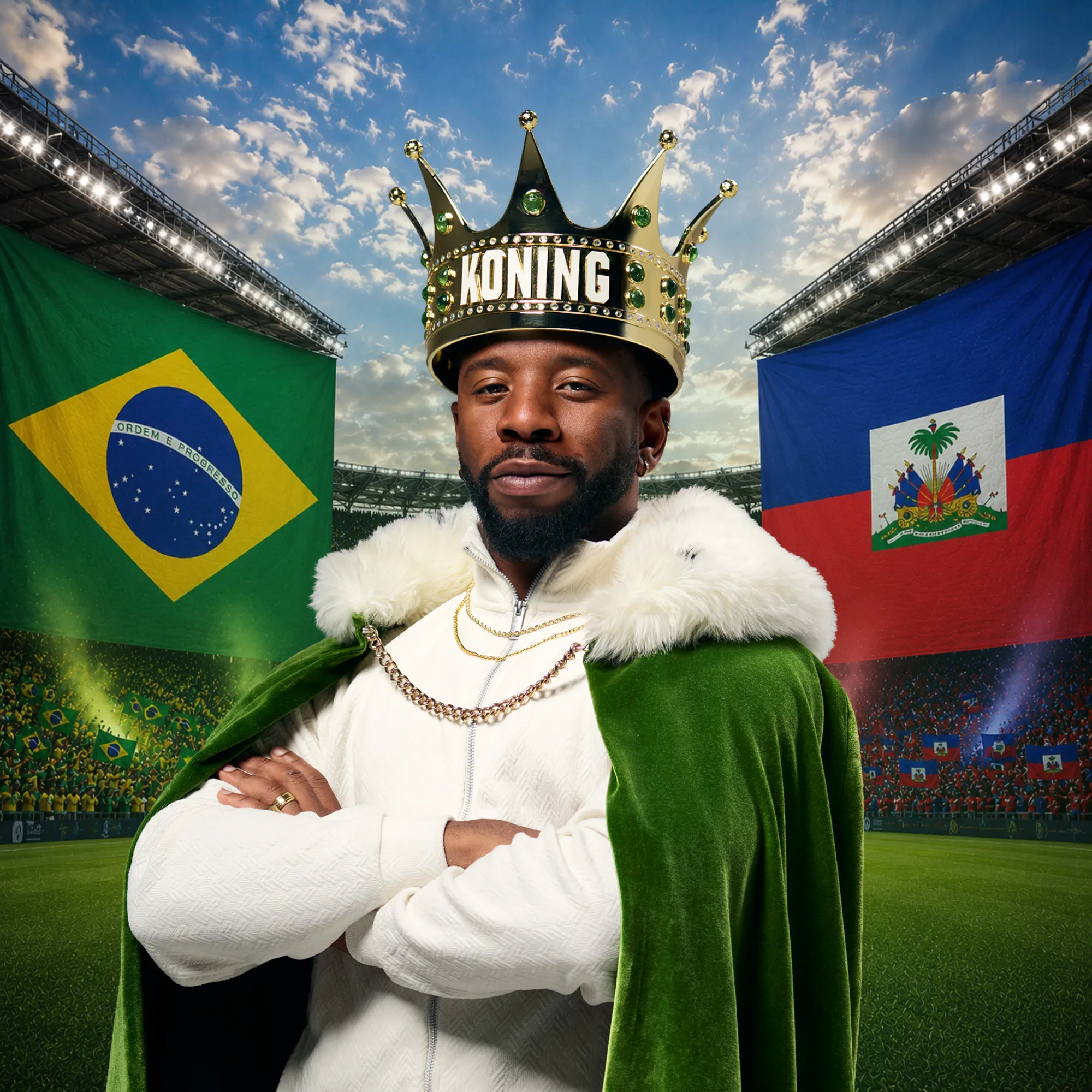 Man met kroon 'KONING' en groene cape tussen Braziliaanse en Haïtiaanse vlag in stadion