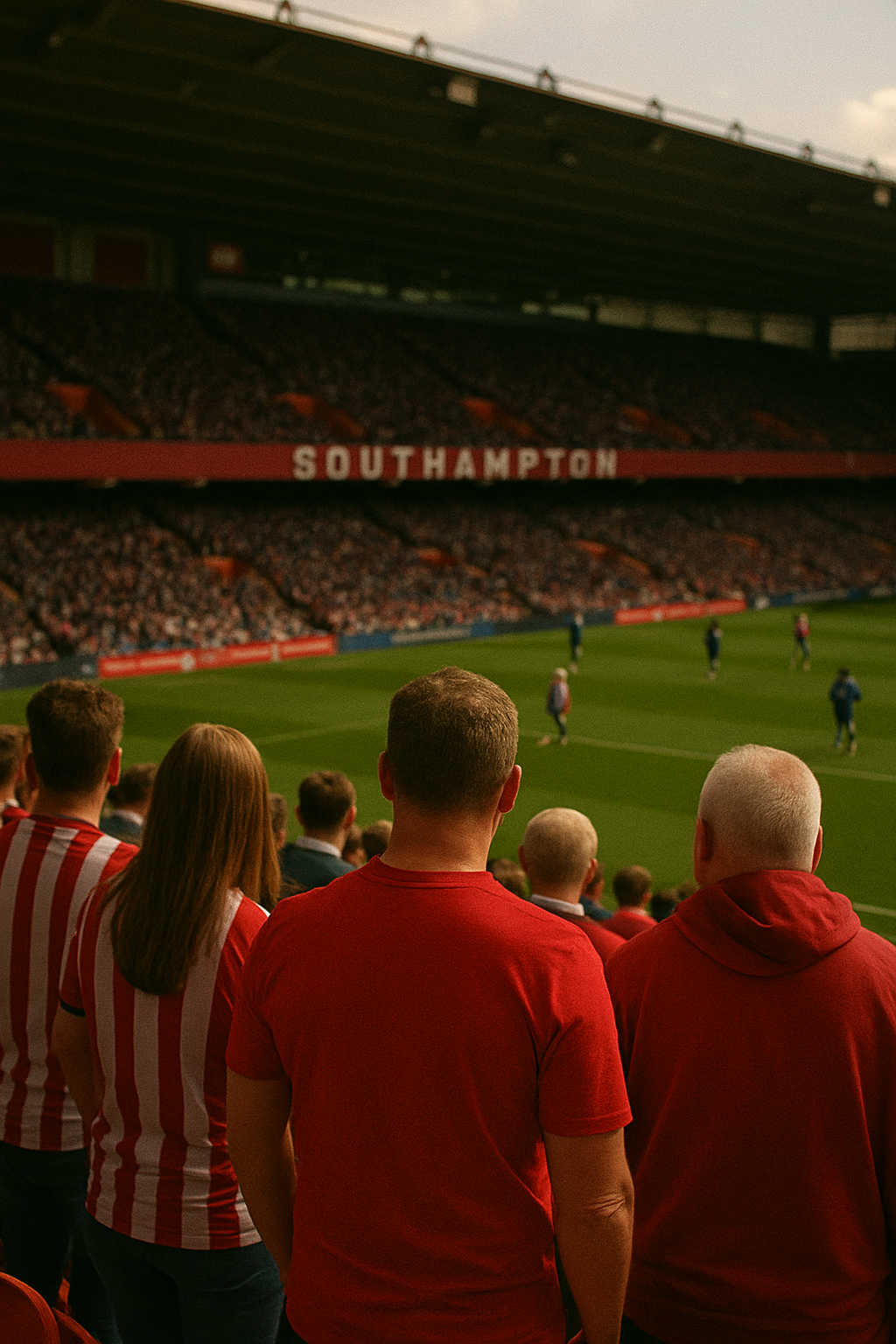 Supporters in rode shirts kijken naar een voetbalwedstrijd in het stadion.