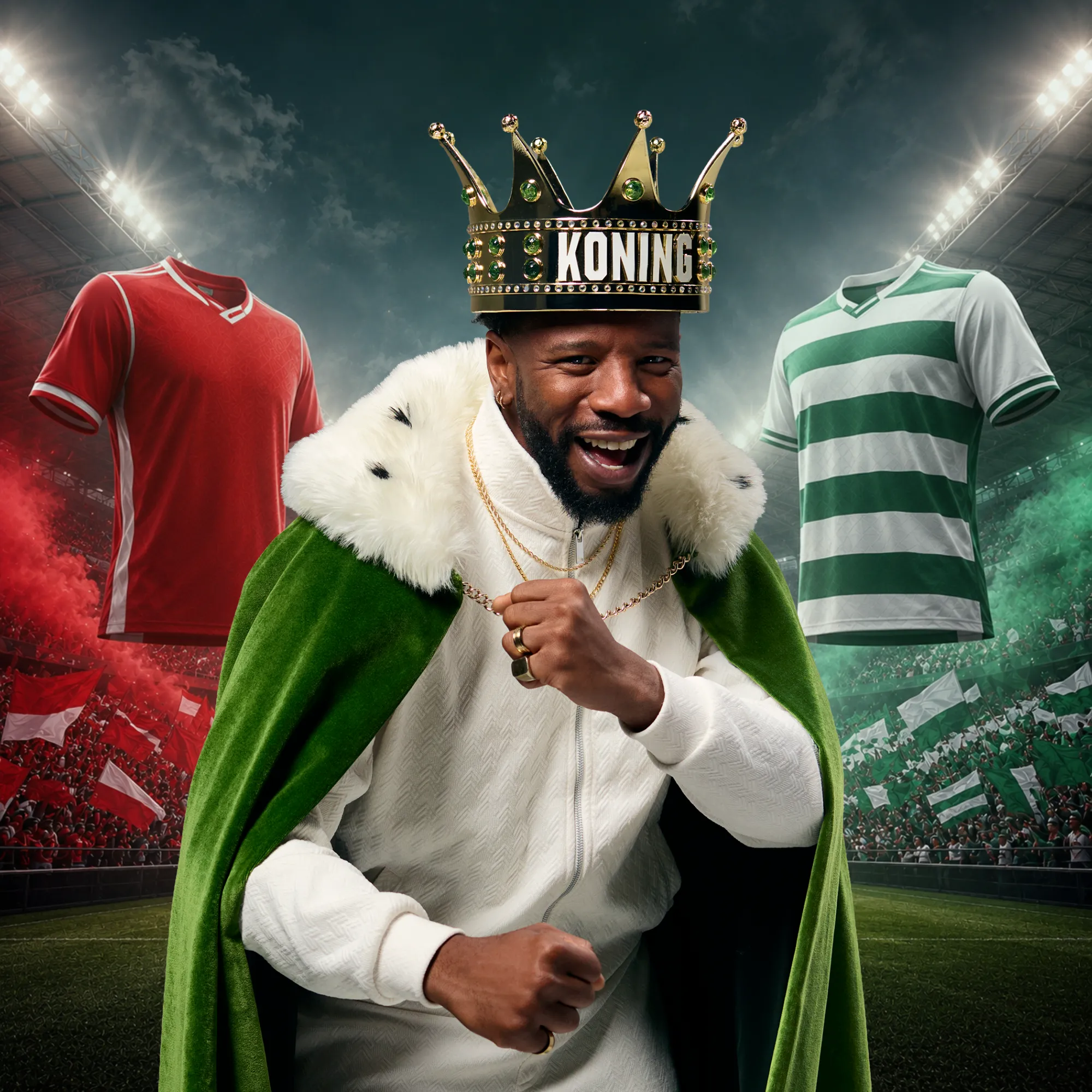 Man met kroon en groene mantel als koning op voetbalstadion met rode en groene voetbalkleding