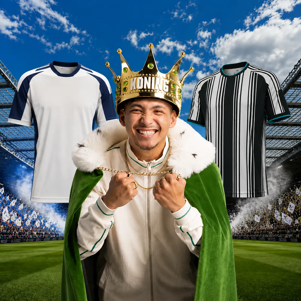 Man met koningskroon en groene mantel tussen twee voetbalshirts in stadion