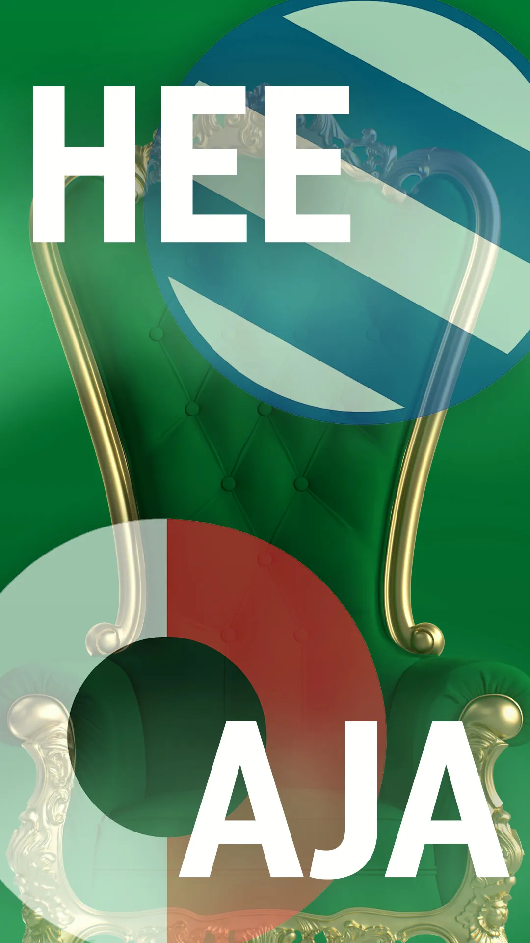 Groene gouden troon met tekst HEE en AJA in witte letters