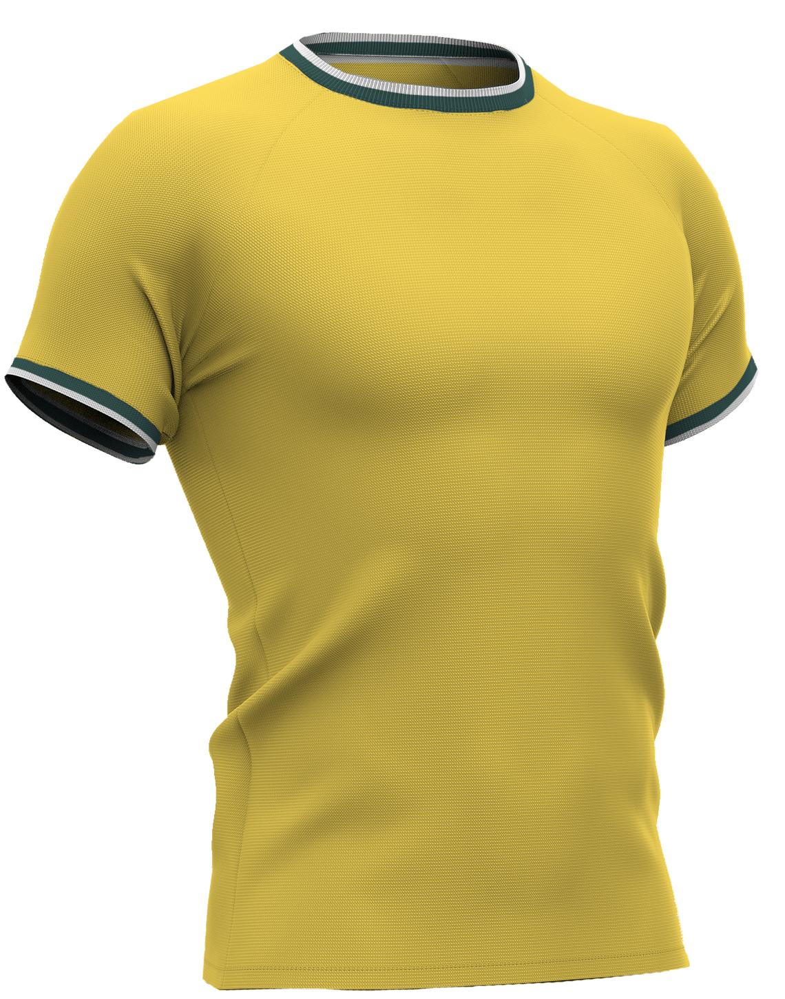 Geel voetbalshirt met donkergroene en witte accenten aan de kraag en mouwen, geïnspireerd op Mamelodi Sundowns