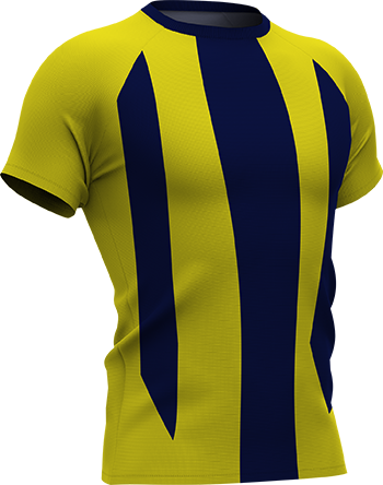 Geel shirt met donkerblauwe verticale banen, gebaseerd op het klassieke tenue van Fenerbahçe