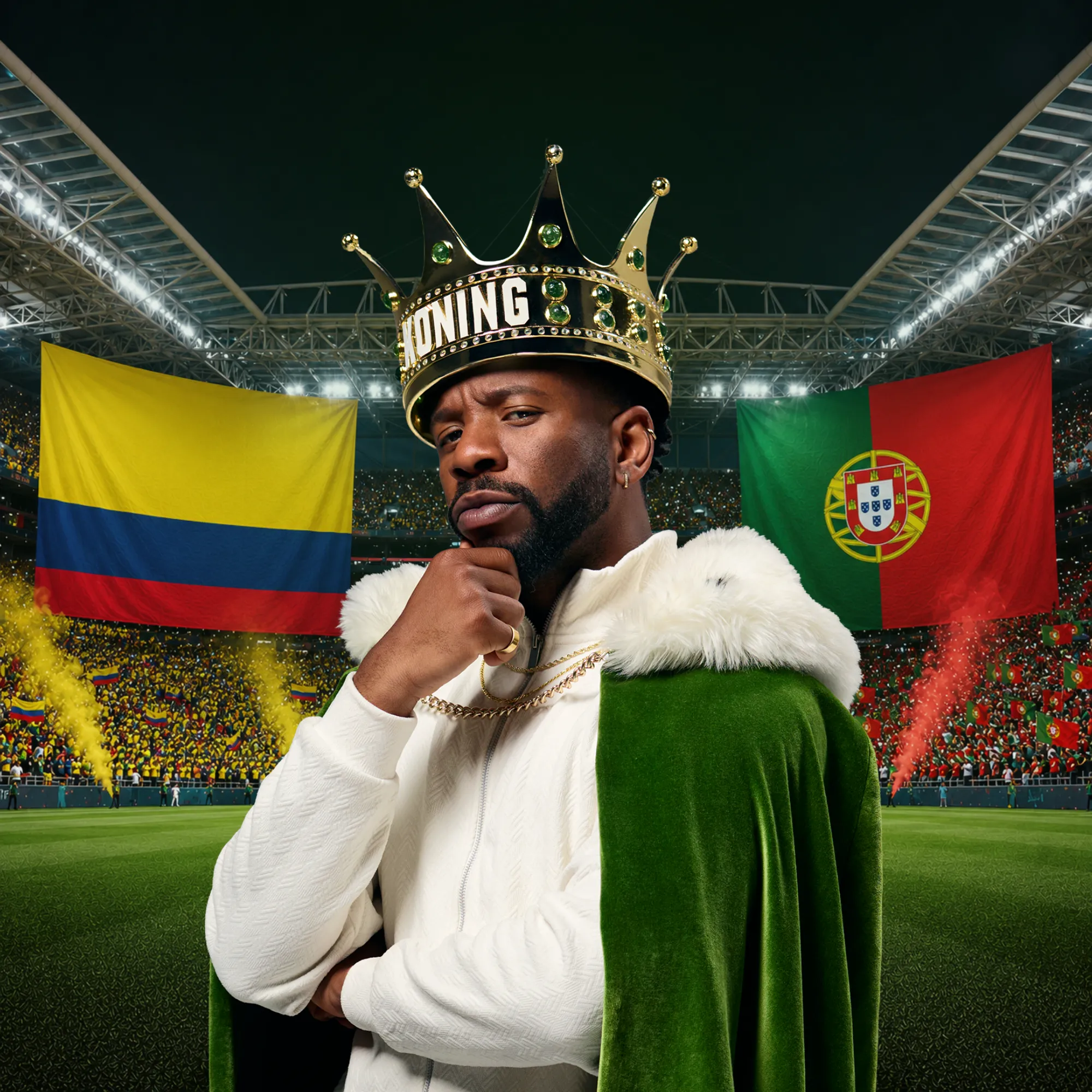 Man met gouden kroon en groene mantel in stadion met Colombia en Portugal vlaggen