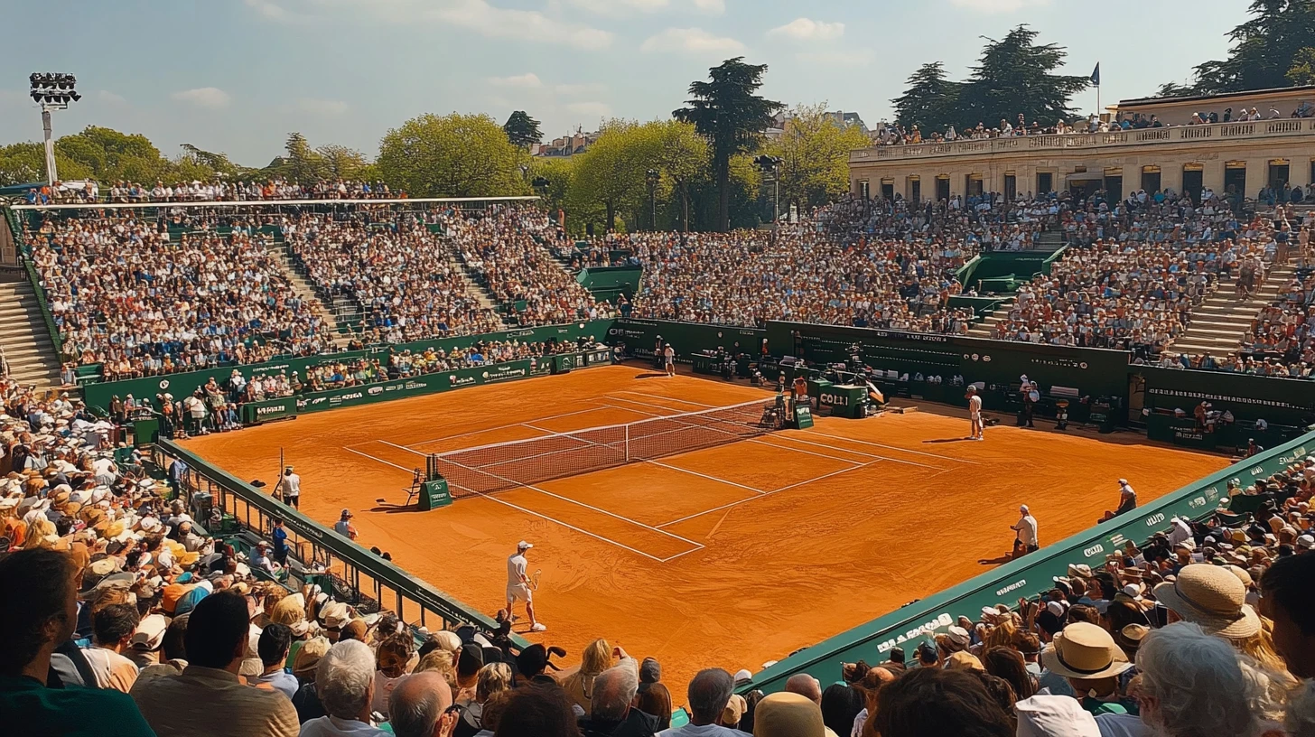 Oranje gravelbaan van Roland Garros met zonnige tribunes.