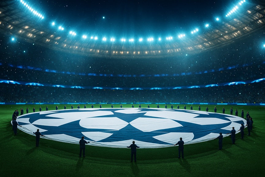 Een Champions League vlag op de middenstip van een sfeervol stadion