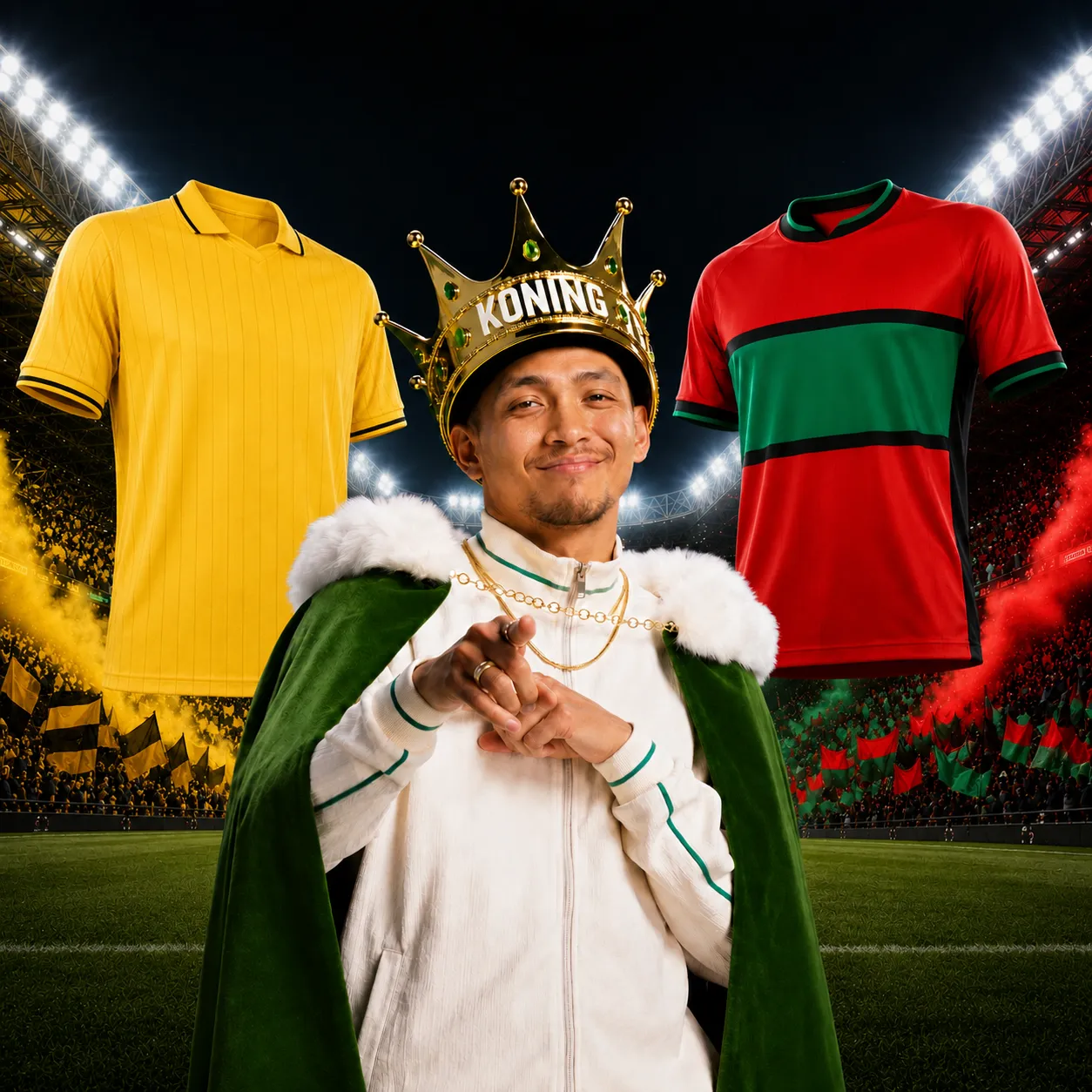Man met koningkroon tussen geel en rood/groene voetbalshirts in stadion