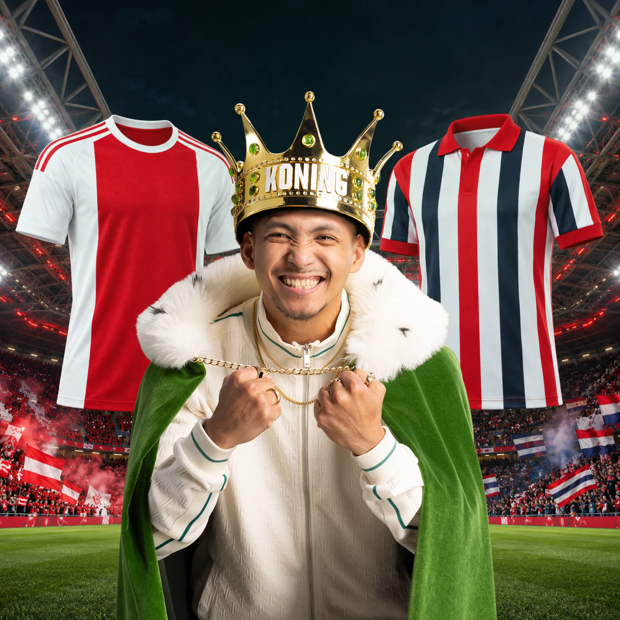 Man met gold kroon en groene mantel tussen twee voetbalshirts in stadion