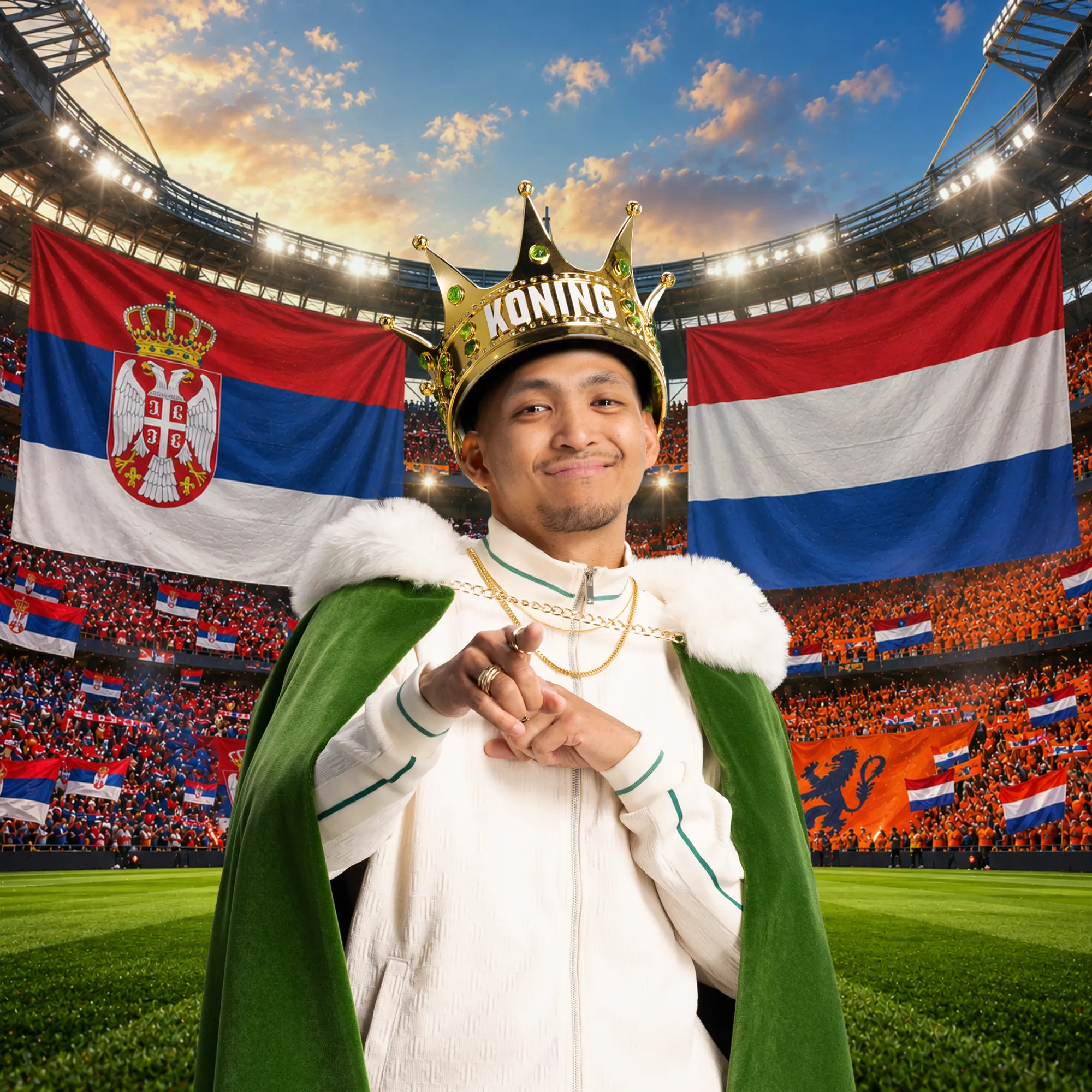 Man met kroon en mantel in stadion met Servische en Nederlandse vlaggen