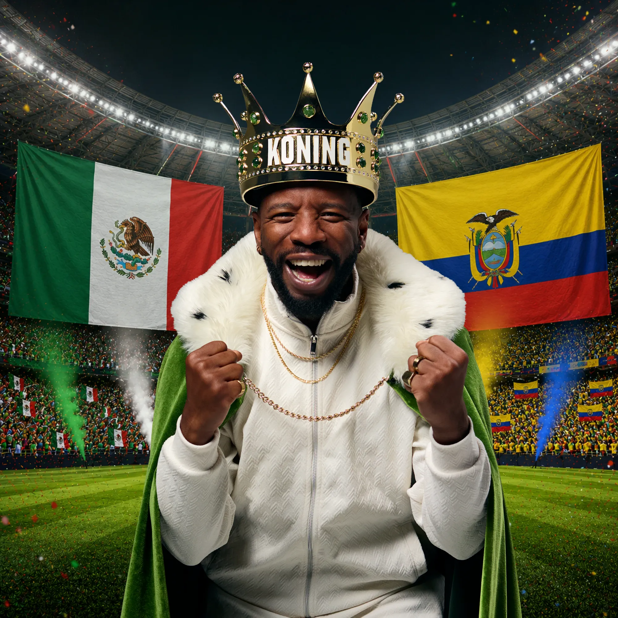 Vrolijke man met kroon en mantel in stadion tussen Mexicaanse en Ecuadoriaanse vlag