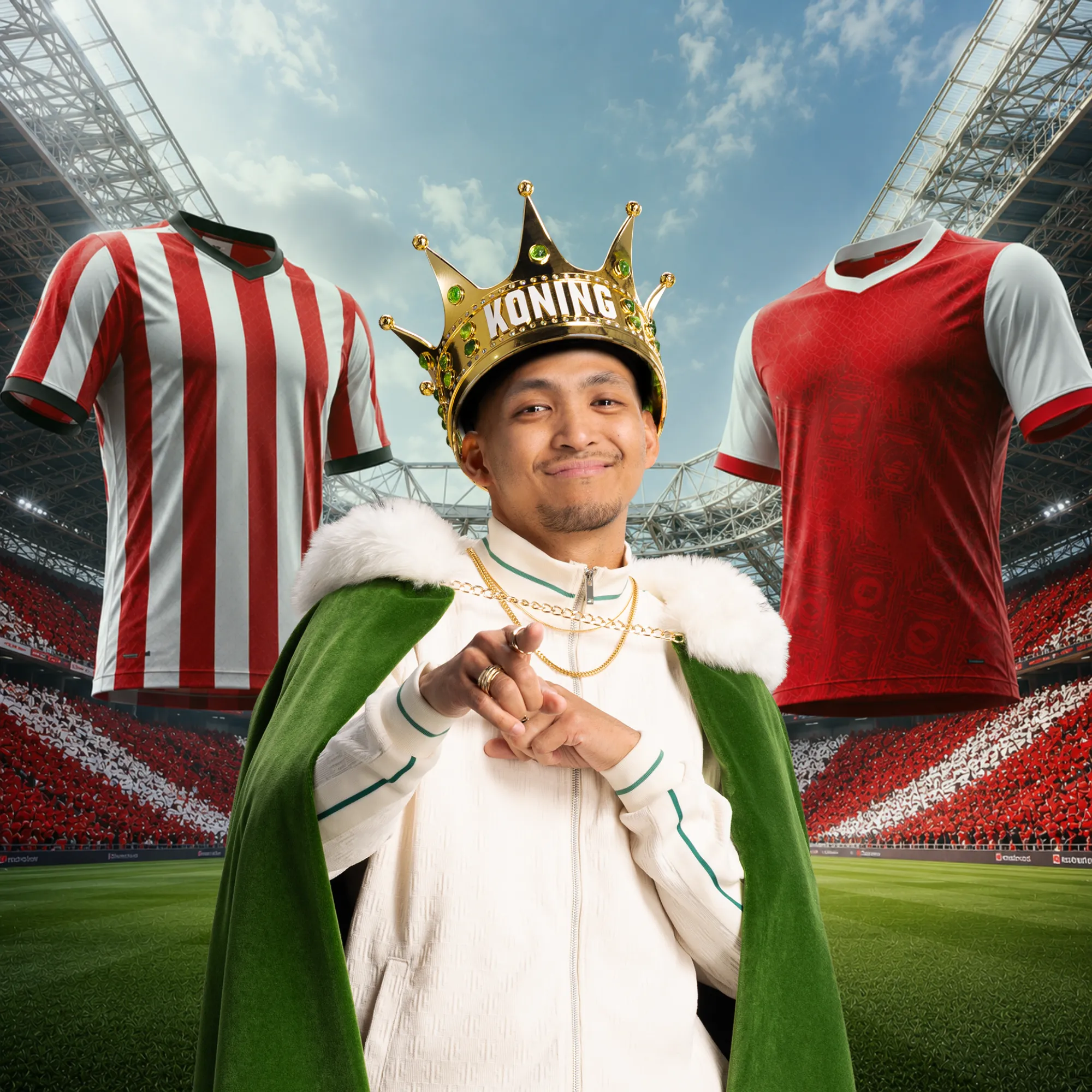 Man met kroon en mantel in stadion tussen voetbalshirts