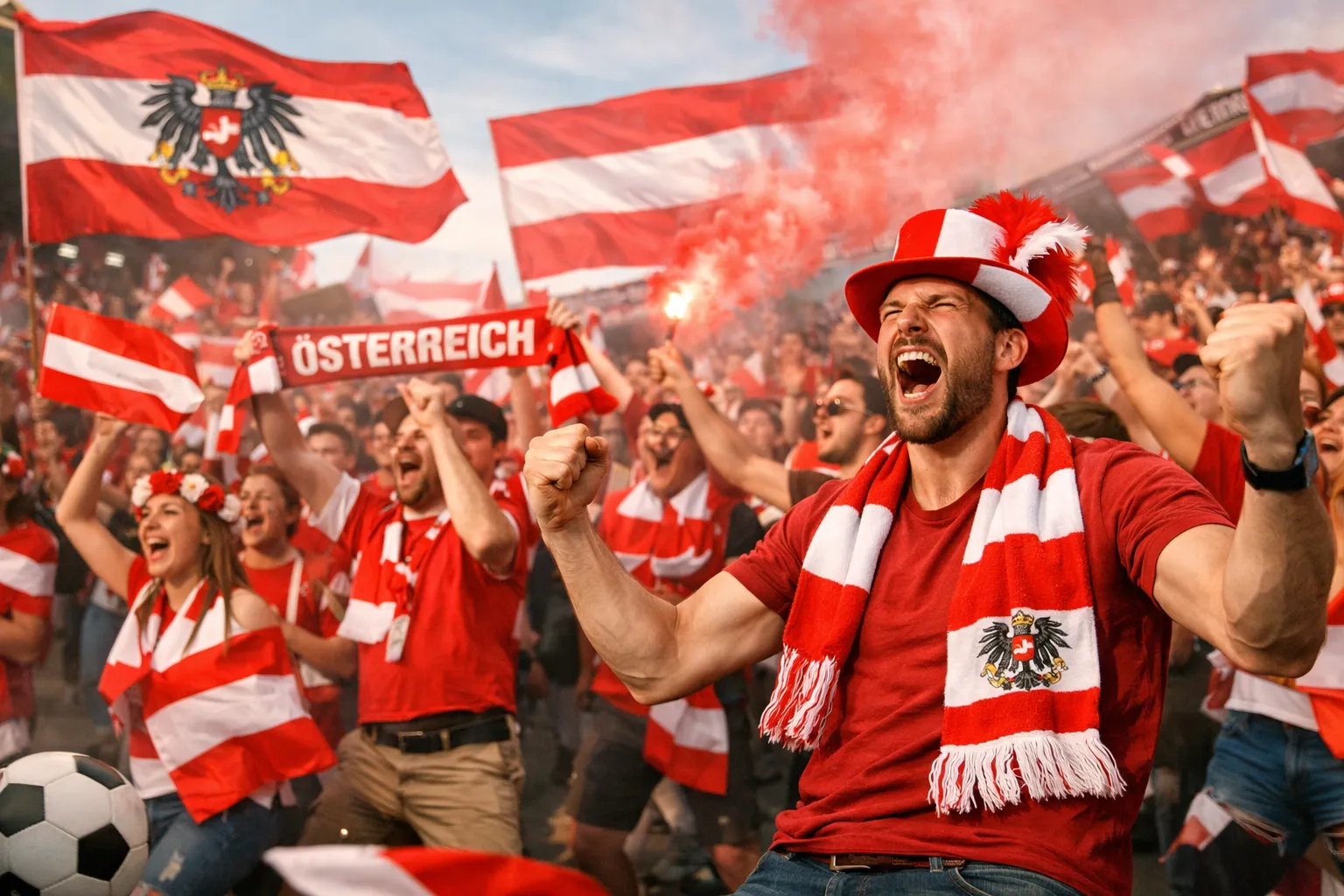 Opgewekte Oostenrijkse voetbalsupporters met vlaggen en sjaals