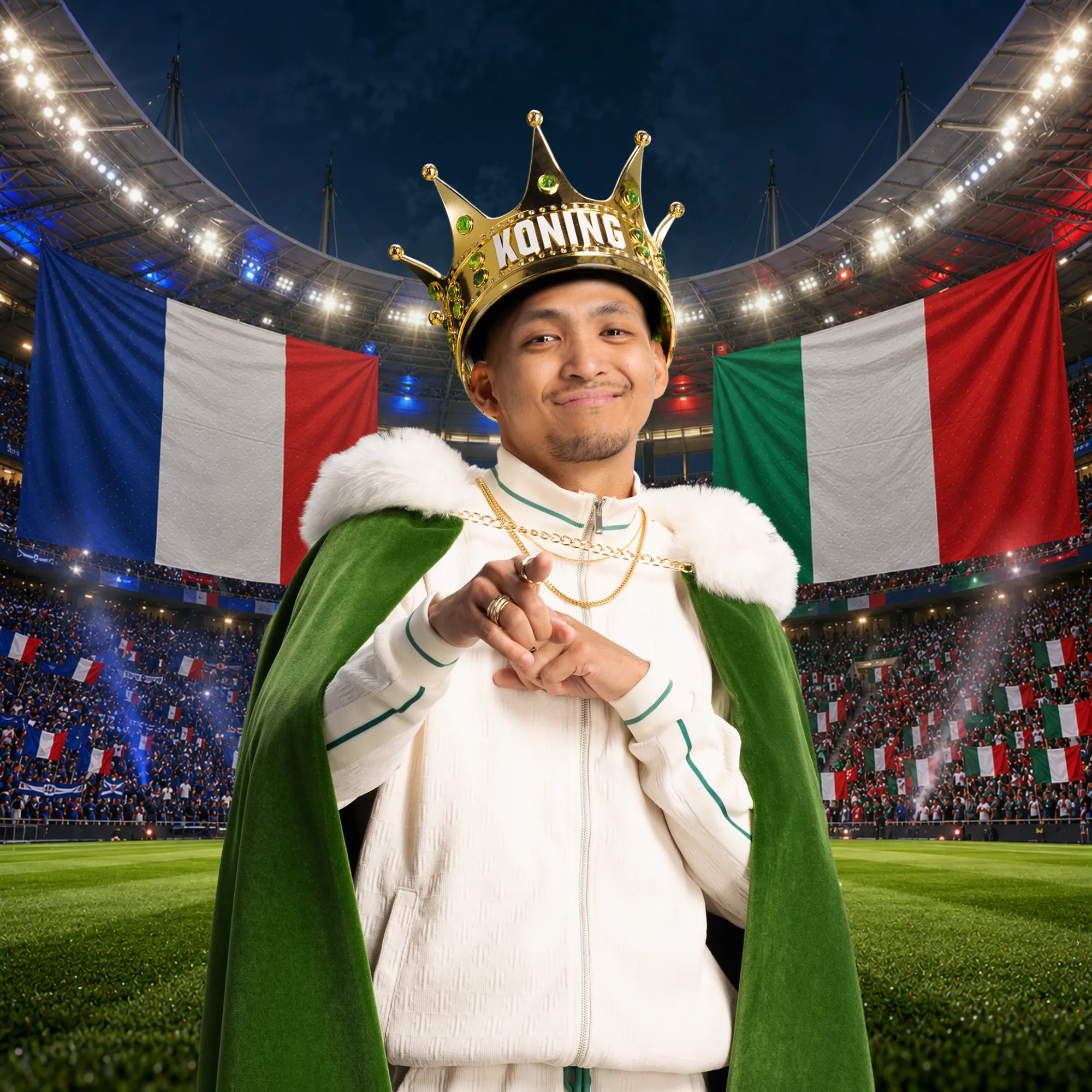 Man met kroon en mantel in stadion met Franse en Italiaanse vlaggen