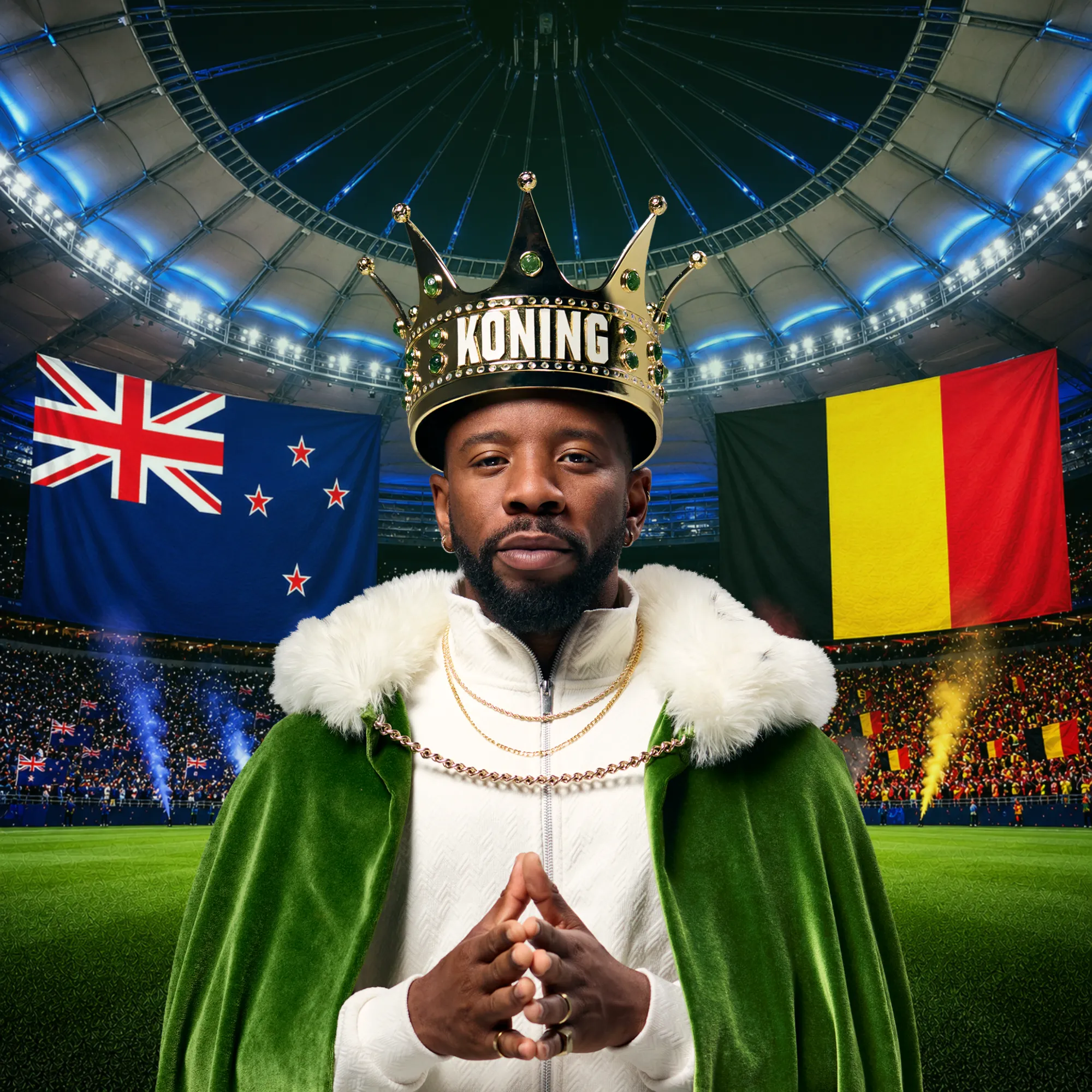 Man met koningskroon en groene mantel op voetbalstadion tussen Nieuw-Zeeland en België vlaggen