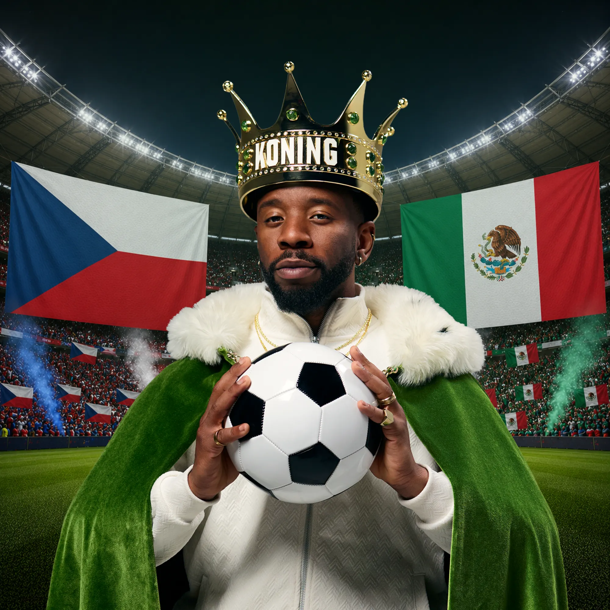 Persoon met kroon en voetbal in stadion met Tsjechische en Mexicaanse vlag