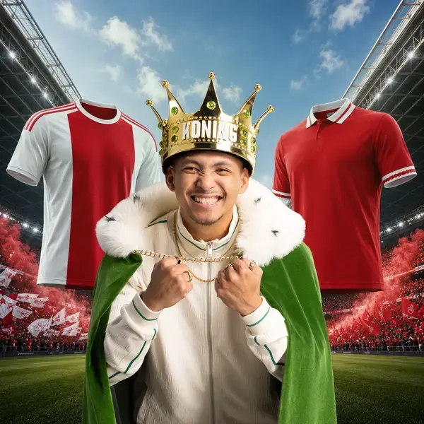 Blije man met koningkroon en cape in stadion met voetbalshirts