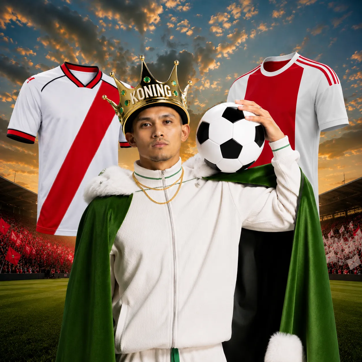 Man met kroon en voetbal in stadion met rood-witte voetbalshirts
